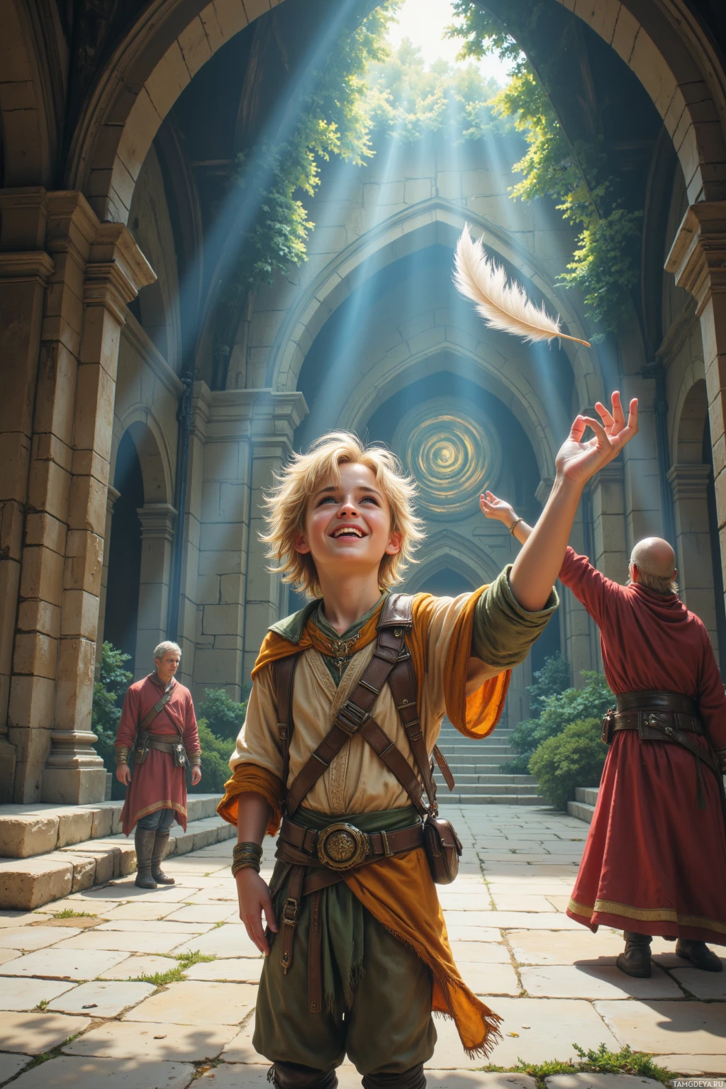 A young person in medieval attire stands in a sunlit courtyard, reaching upwards with a feather.