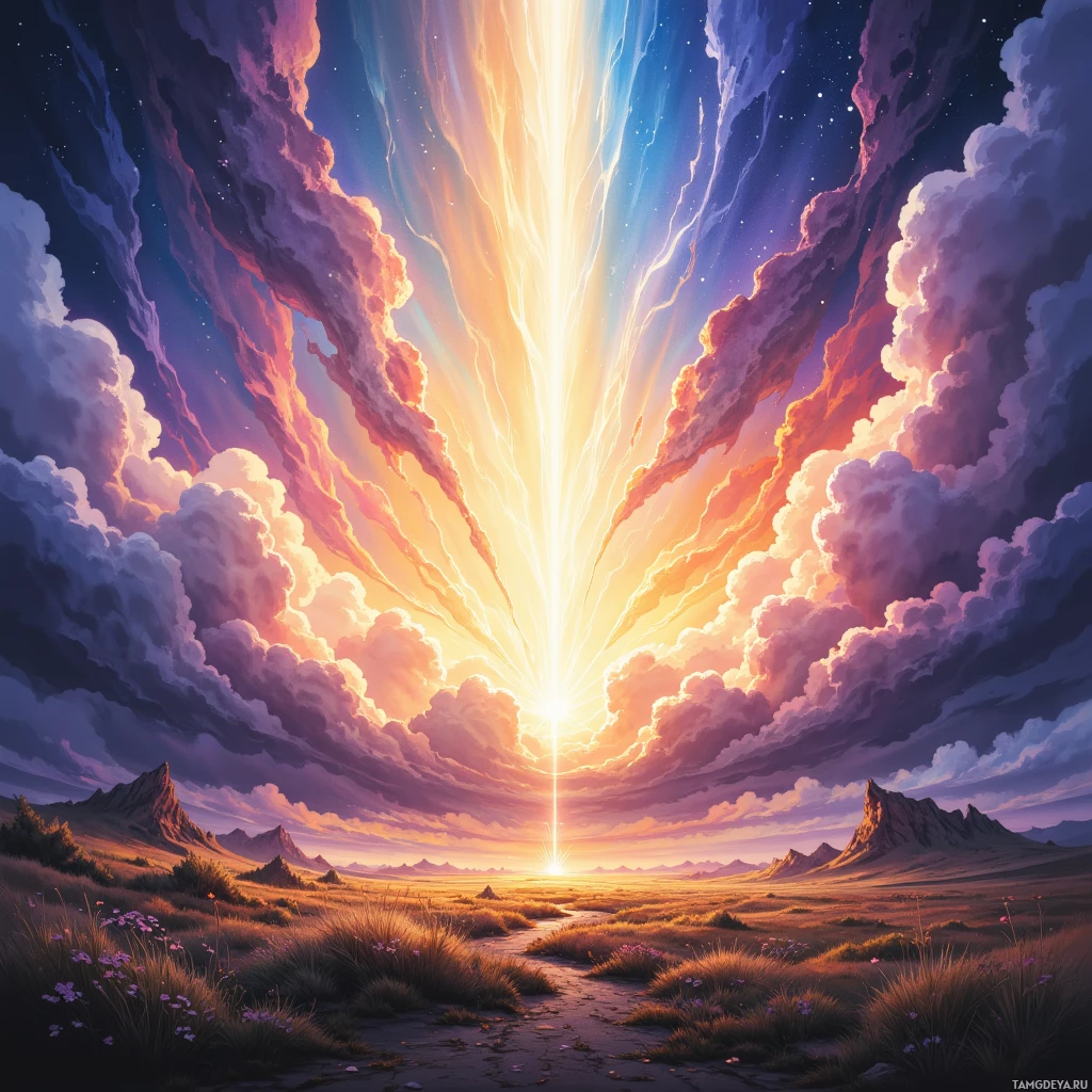 A vibrant sunset scene with radiant beams of light piercing through clouds over a desert landscape.