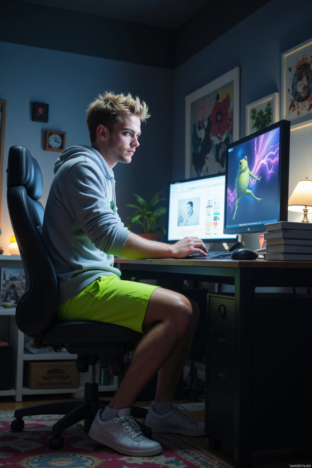 A person is sitting at a desk working on a computer in a dimly lit room.