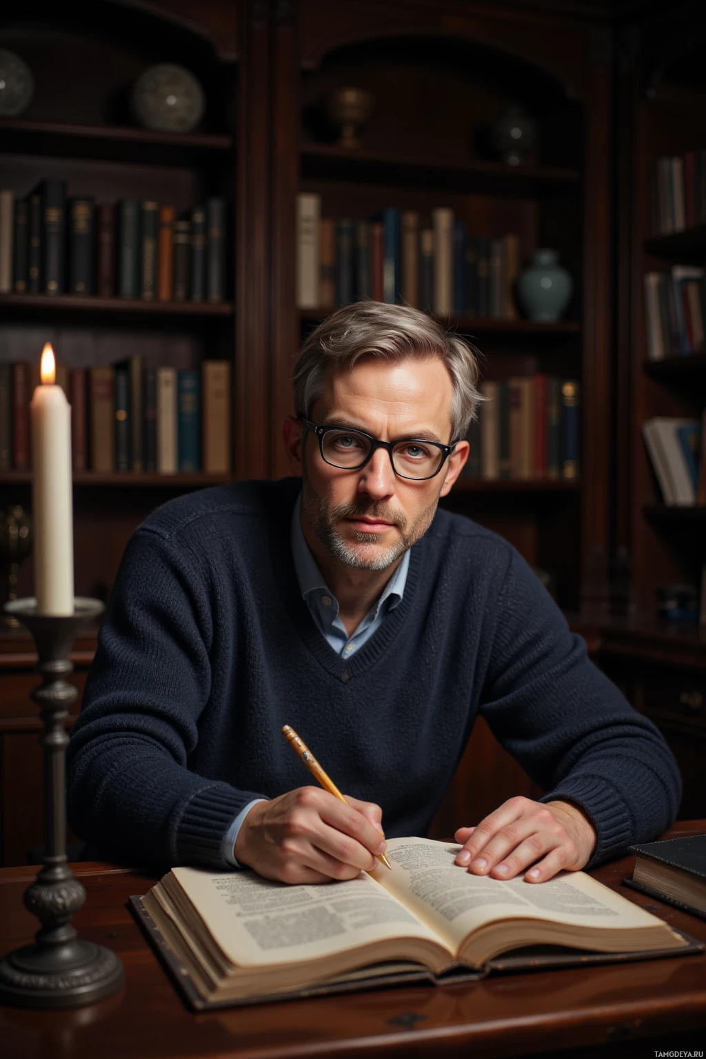 A man in a sweater sits at a desk with an open book, holding a pencil.