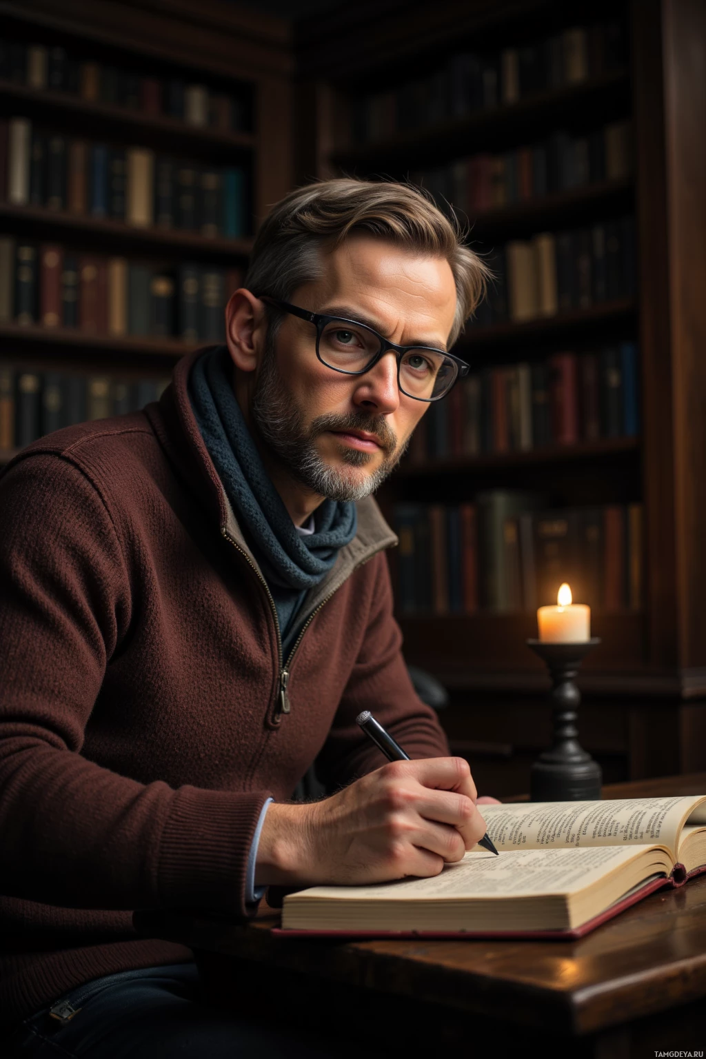 A man in a library setting, wearing glasses and a sweater, is writing in a book with a candle nearby.