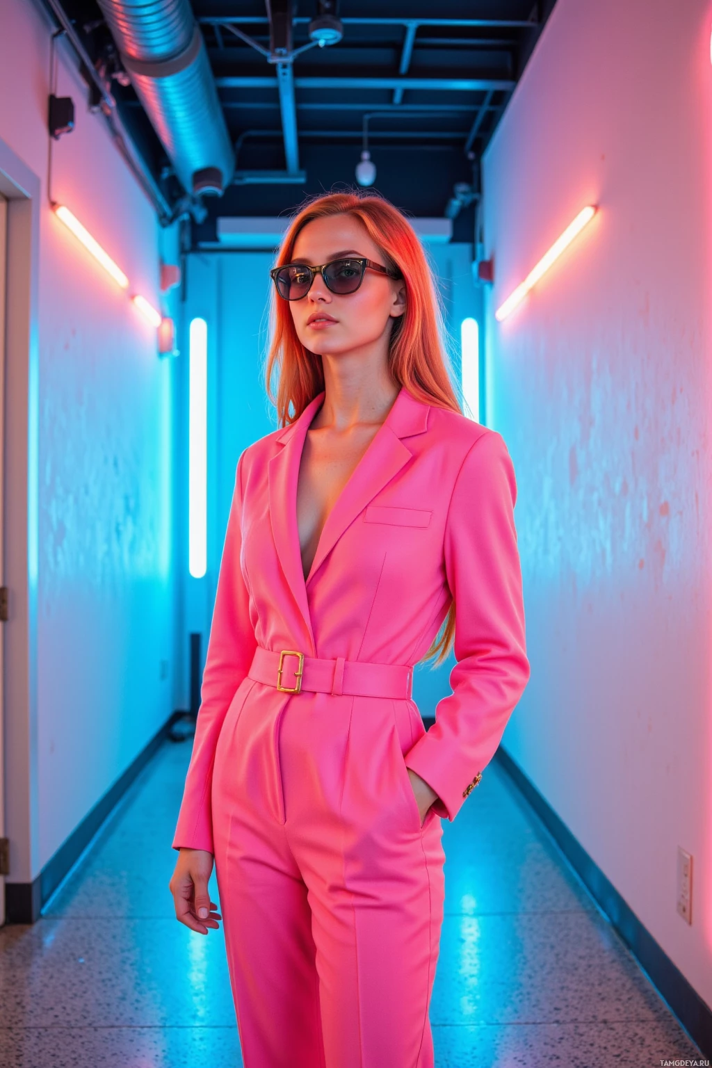 A person in a bright pink suit stands in a hallway illuminated by neon lights.