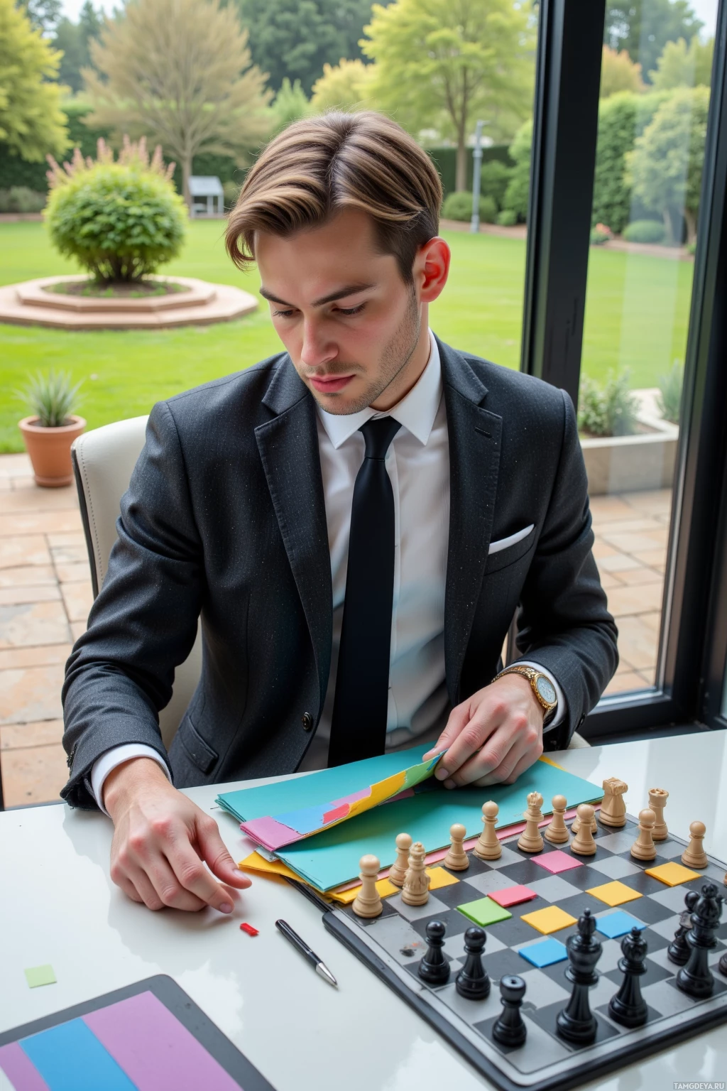 A man in a suit is playing chess at a table with a colorful chessboard.