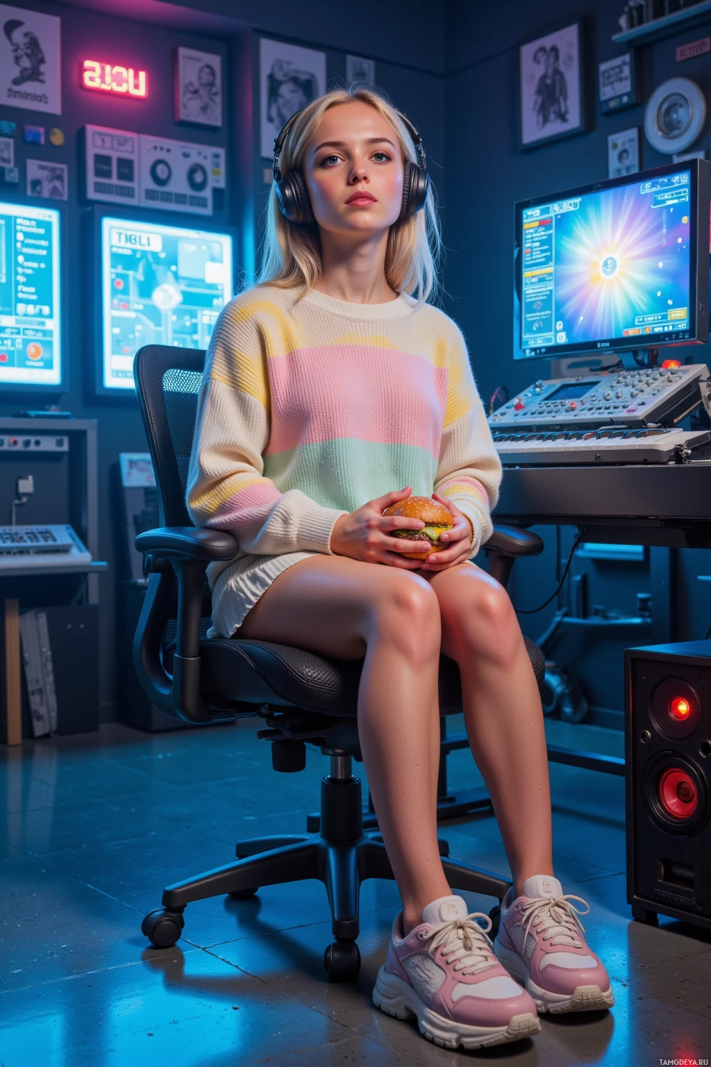 A person wearing headphones sits in a chair holding a burger, with a computer setup and neon signs in the background.
