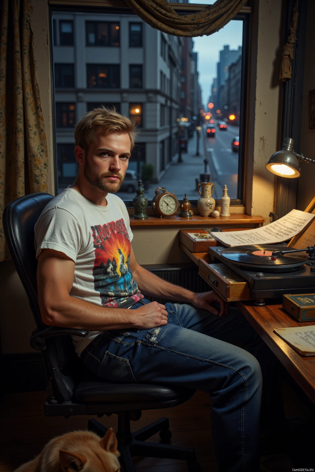 A man sits at a desk by a window, with a record player and a dog nearby.