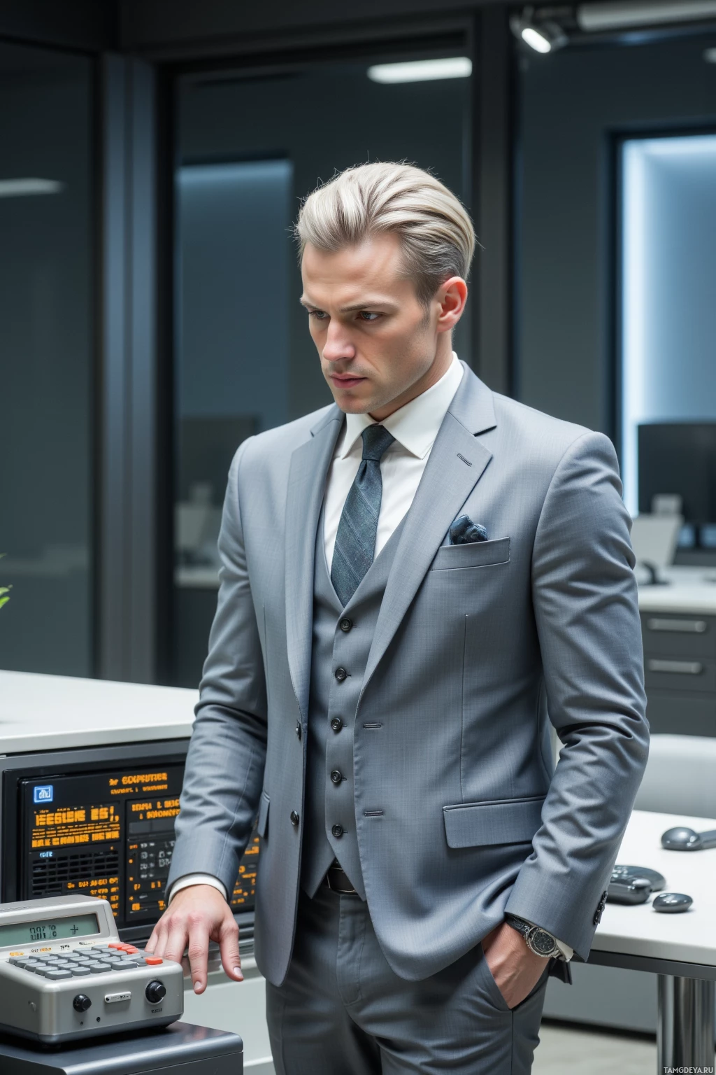 A man in a gray suit stands in an office setting.