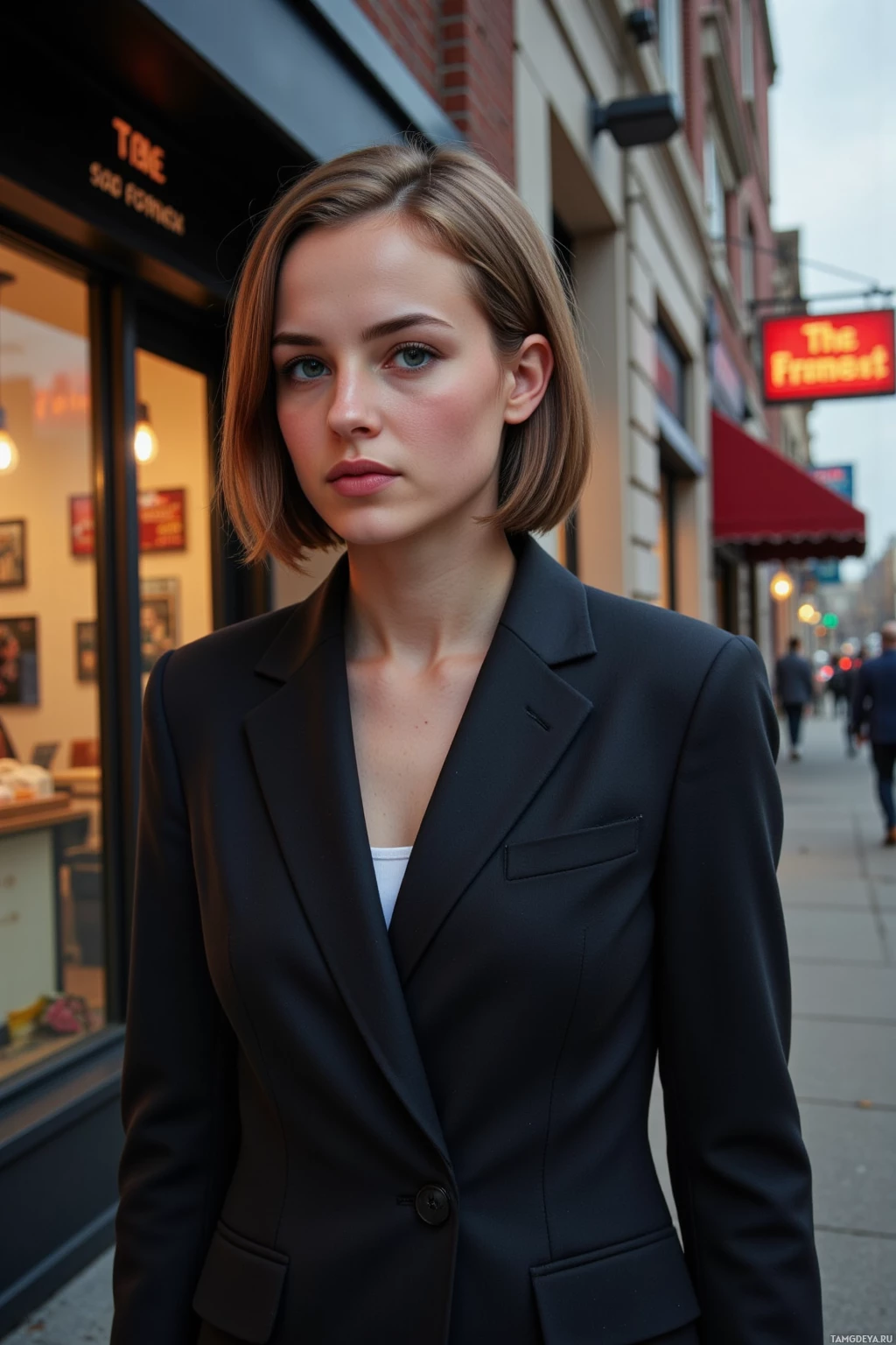 A person in a black blazer stands on a city street.