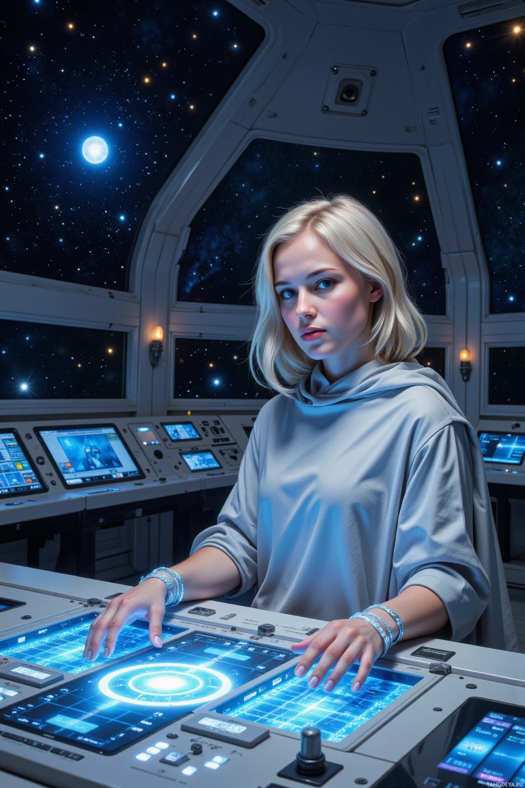 A person stands in a futuristic control room with glowing screens and a starry background.