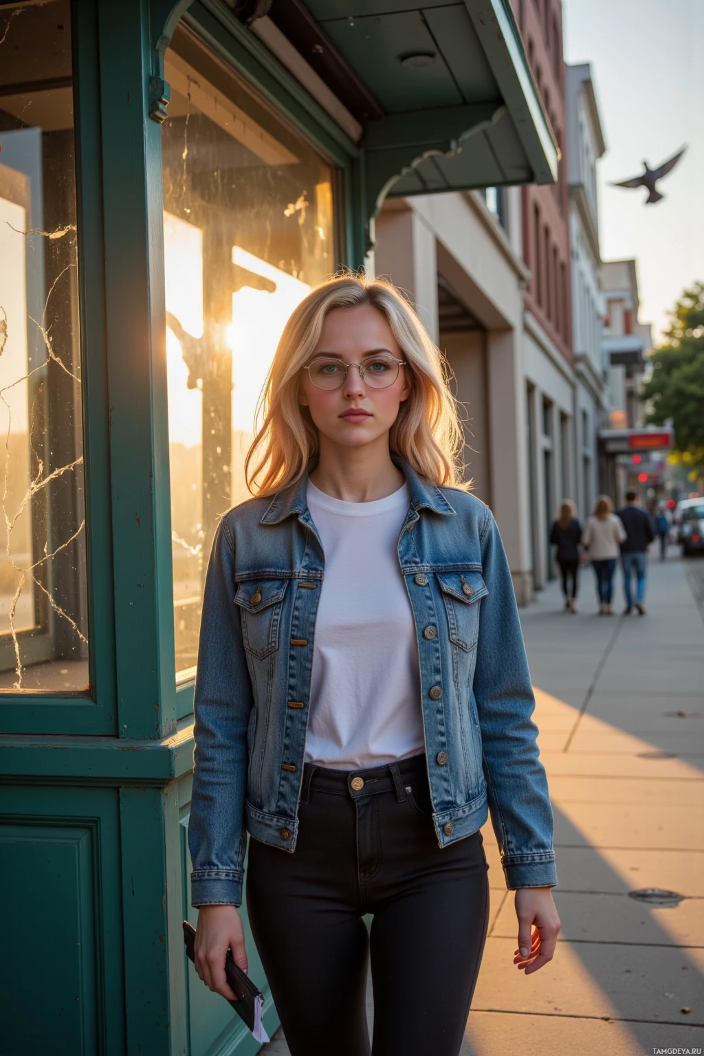 A person wearing a denim jacket and glasses stands on a sidewalk near a storefront with sunlight streaming through the window.