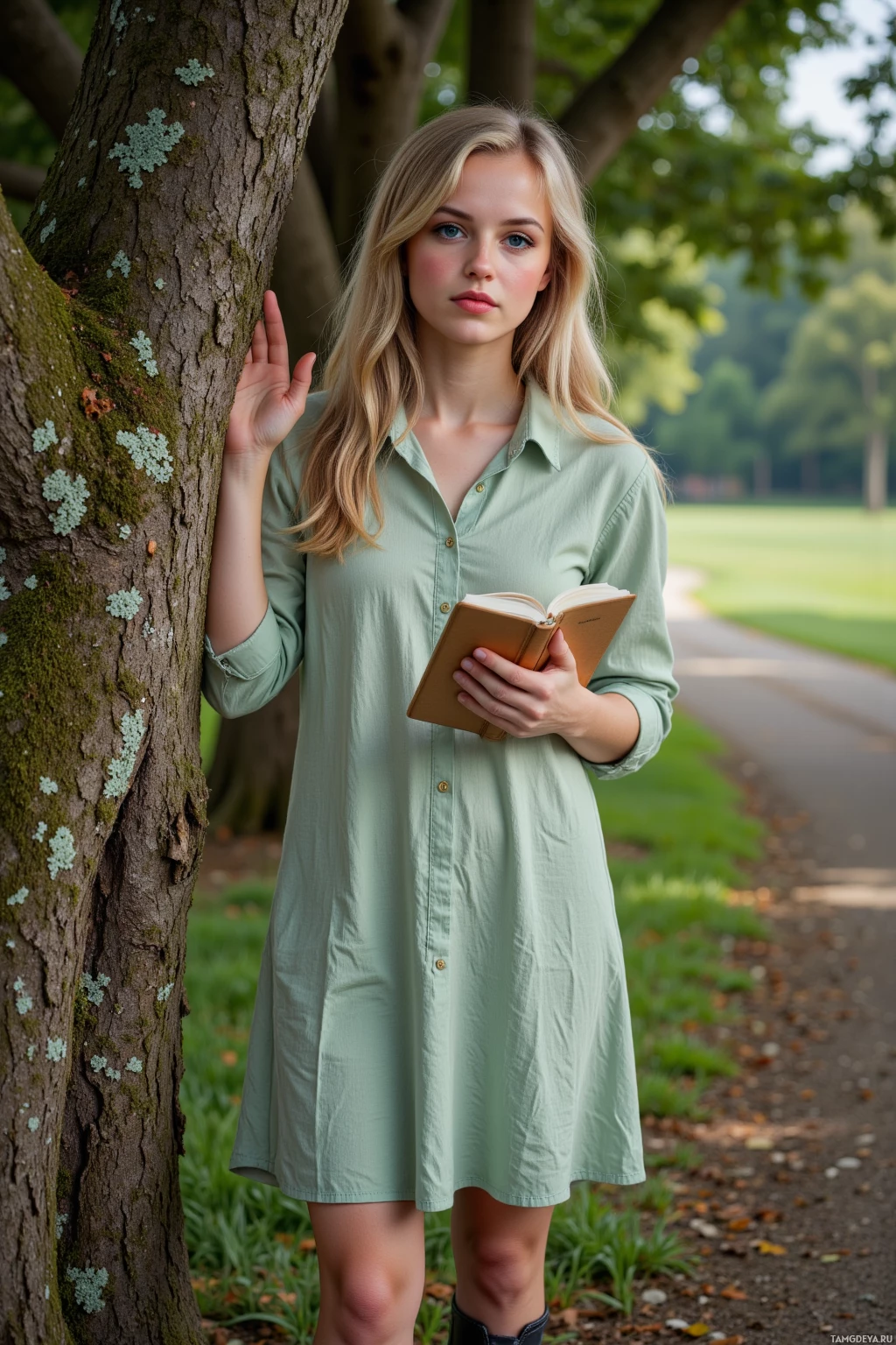 A person in a green dress stands by a tree, holding an open book.