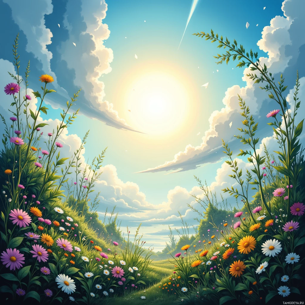 A vibrant, sunlit meadow filled with colorful flowers and lush greenery under a bright blue sky with fluffy clouds.