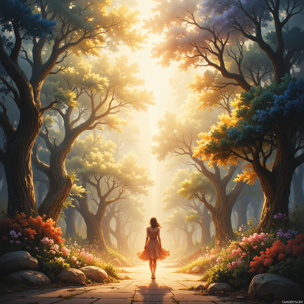 A serene forest scene with a woman walking on a path illuminated by golden sunlight filtering through the trees.