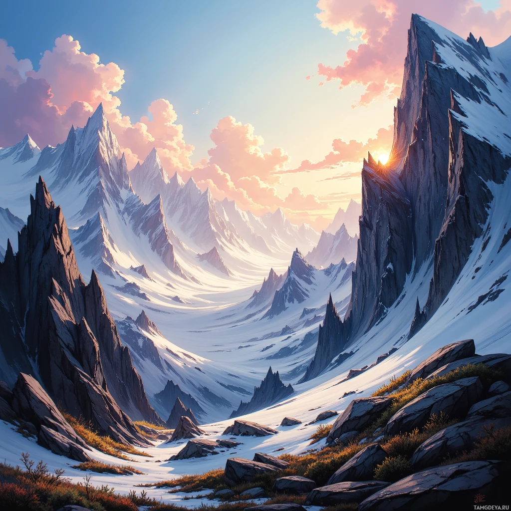 A majestic mountain landscape with snow-covered peaks and a warm sunset sky.