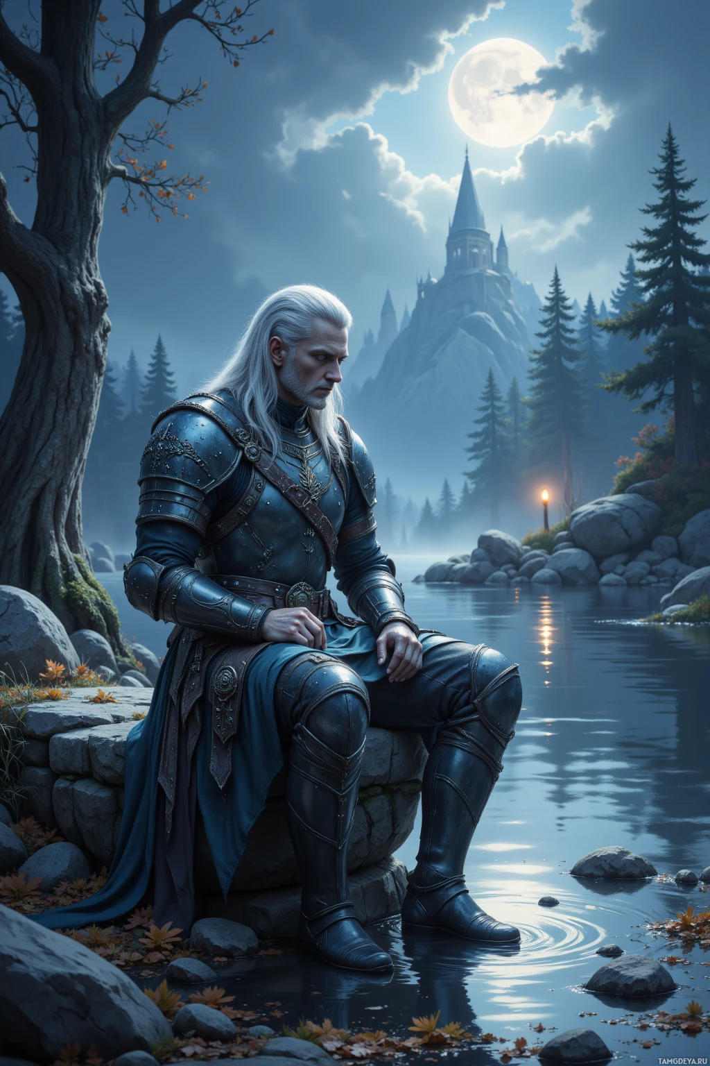 A knight in armor sits by a serene lake under a full moon.