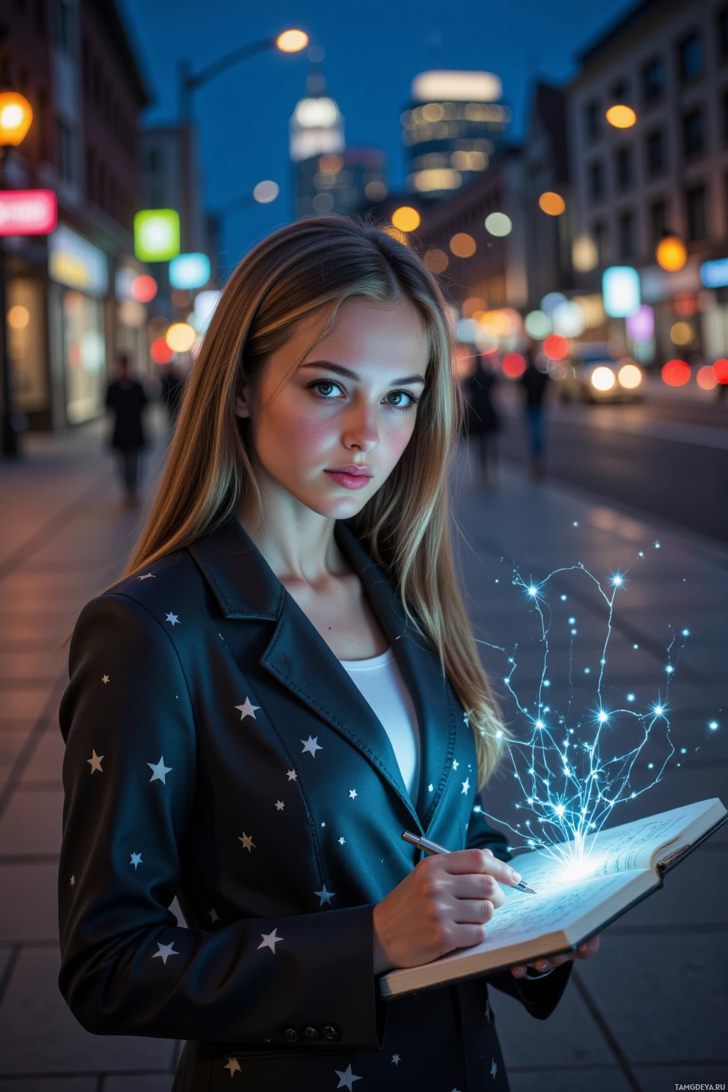 A woman stands on a city street at night, holding a glowing book and wearing a jacket with star patterns.