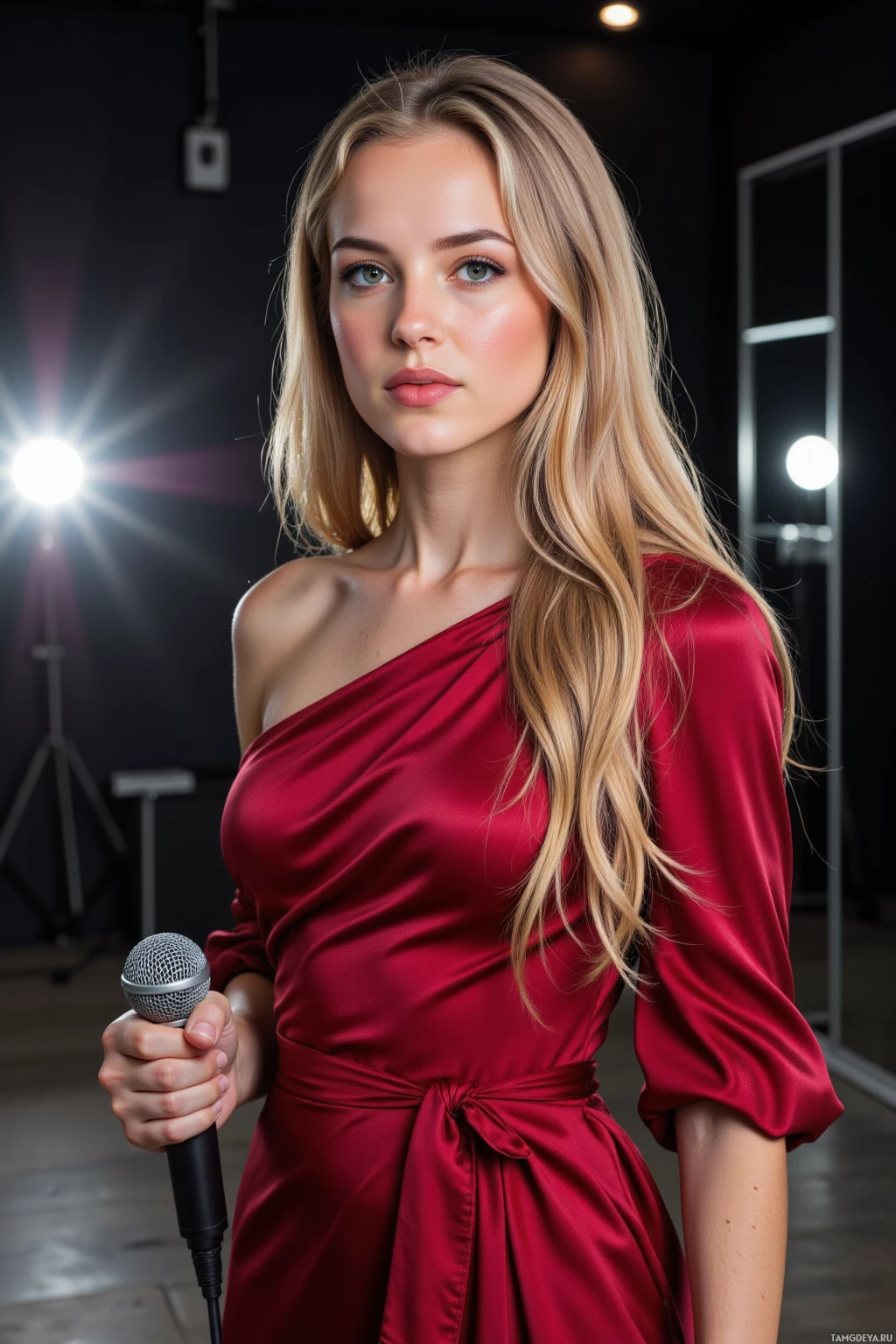 A woman in a red dress holds a microphone in a studio setting.