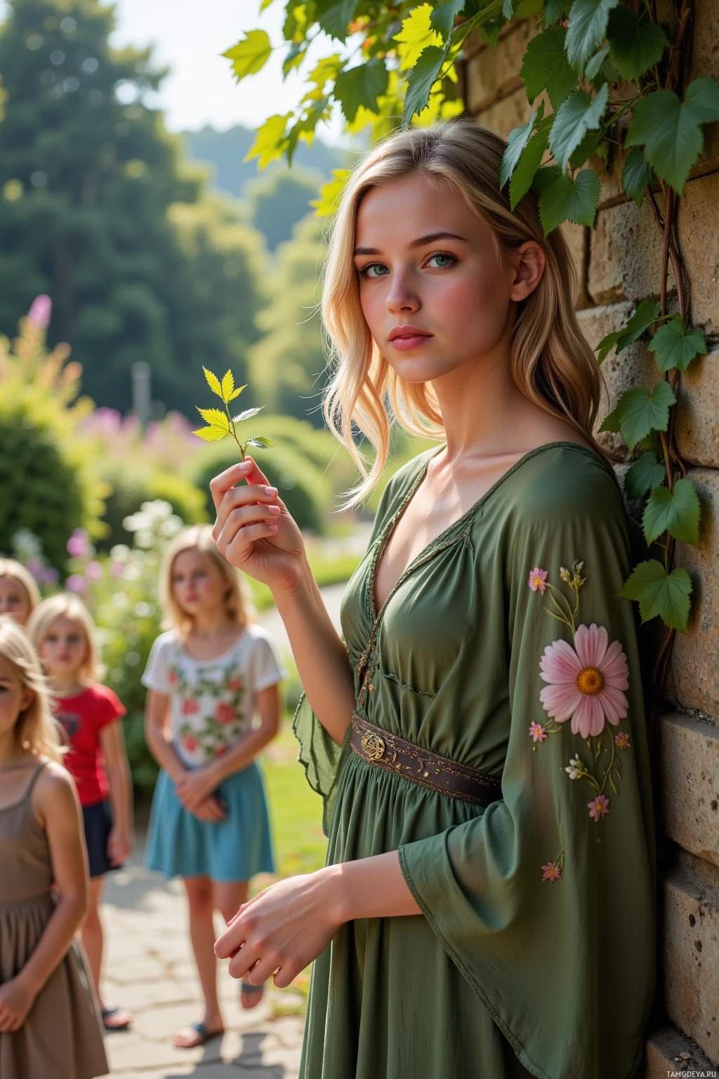 A woman in a green dress stands by a stone wall, holding a leaf, with children in the background.