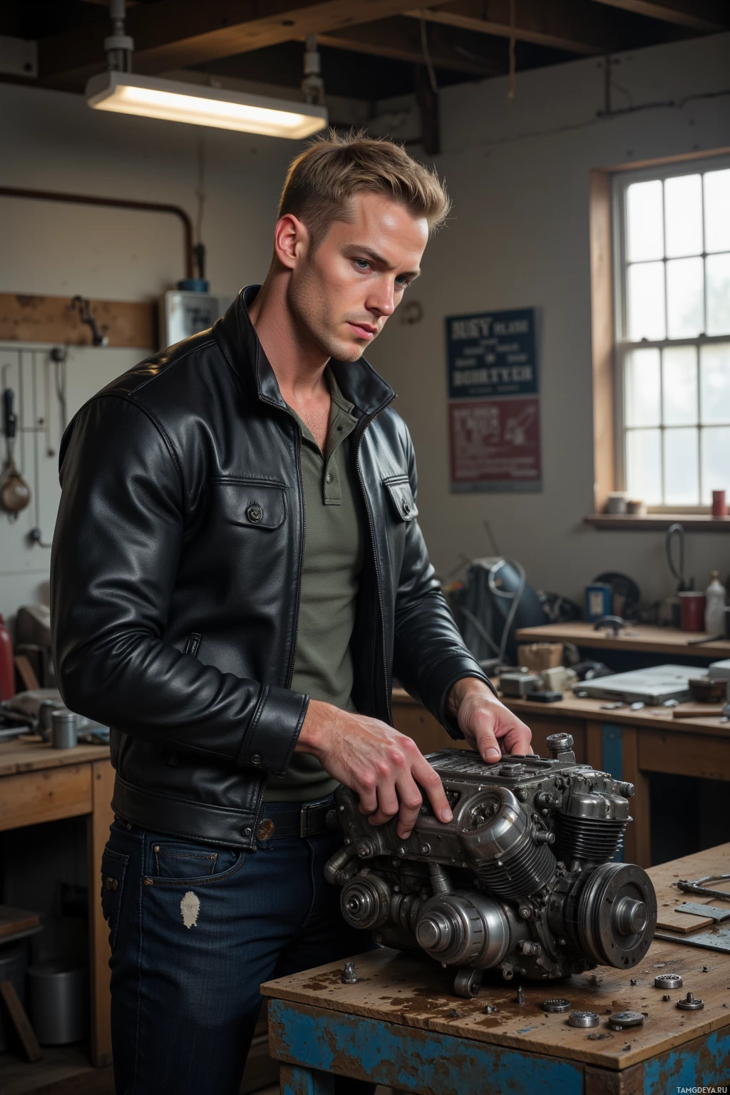 A man in a leather jacket works on a mechanical engine in a workshop.