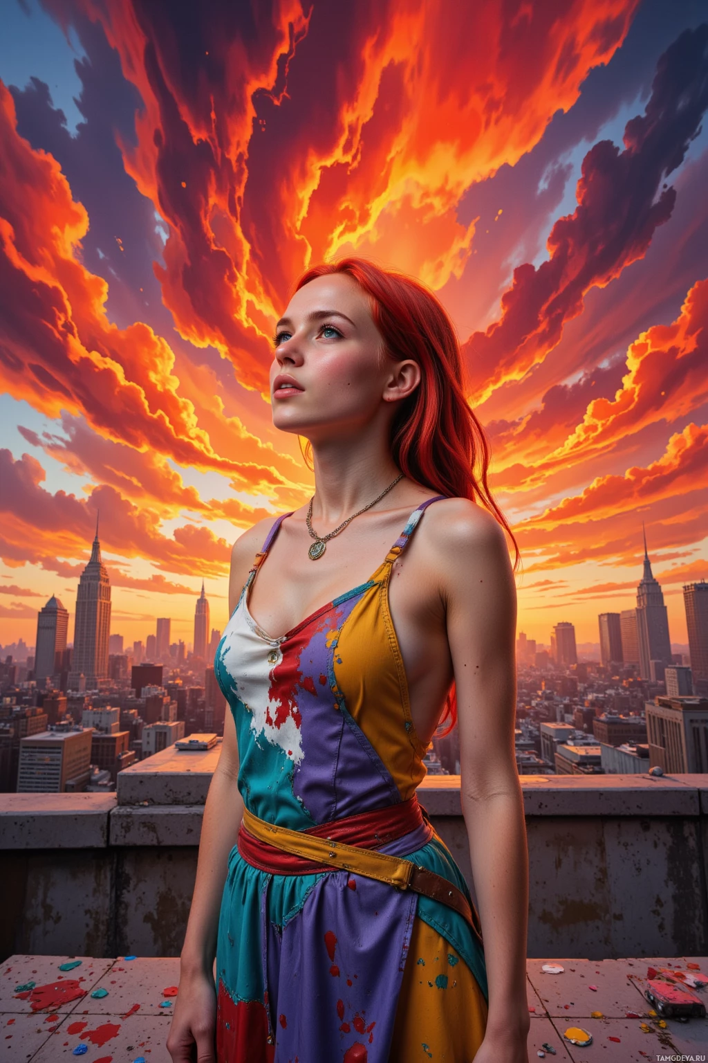 A woman stands on a rooftop overlooking a cityscape with a vibrant sunset sky.