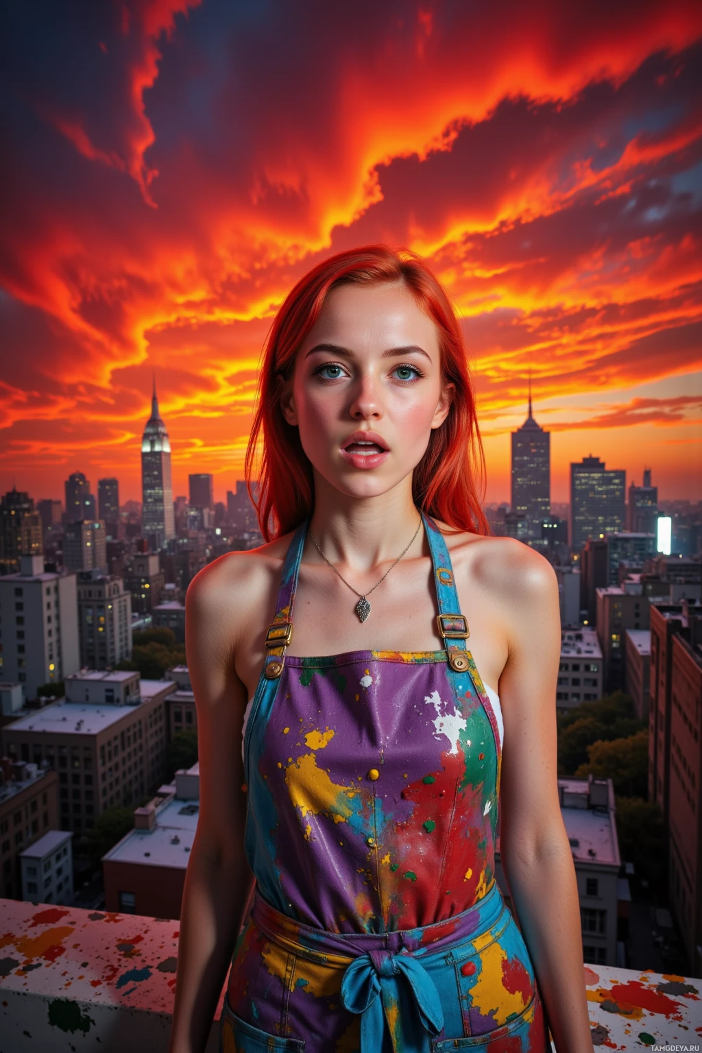 A person stands on a rooftop with a vibrant cityscape and fiery sky in the background.