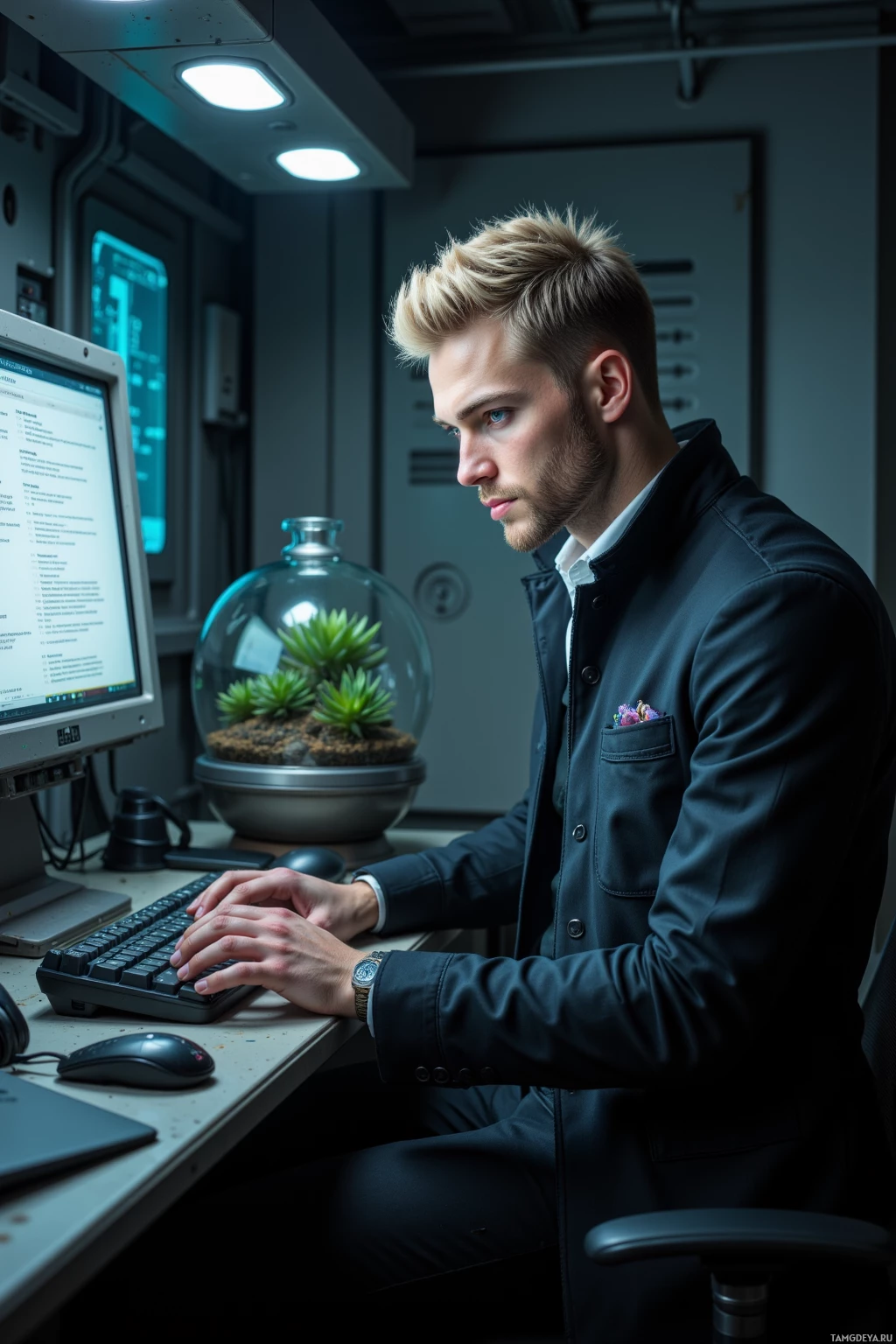 A man in a suit works at a computer in a modern office setting.