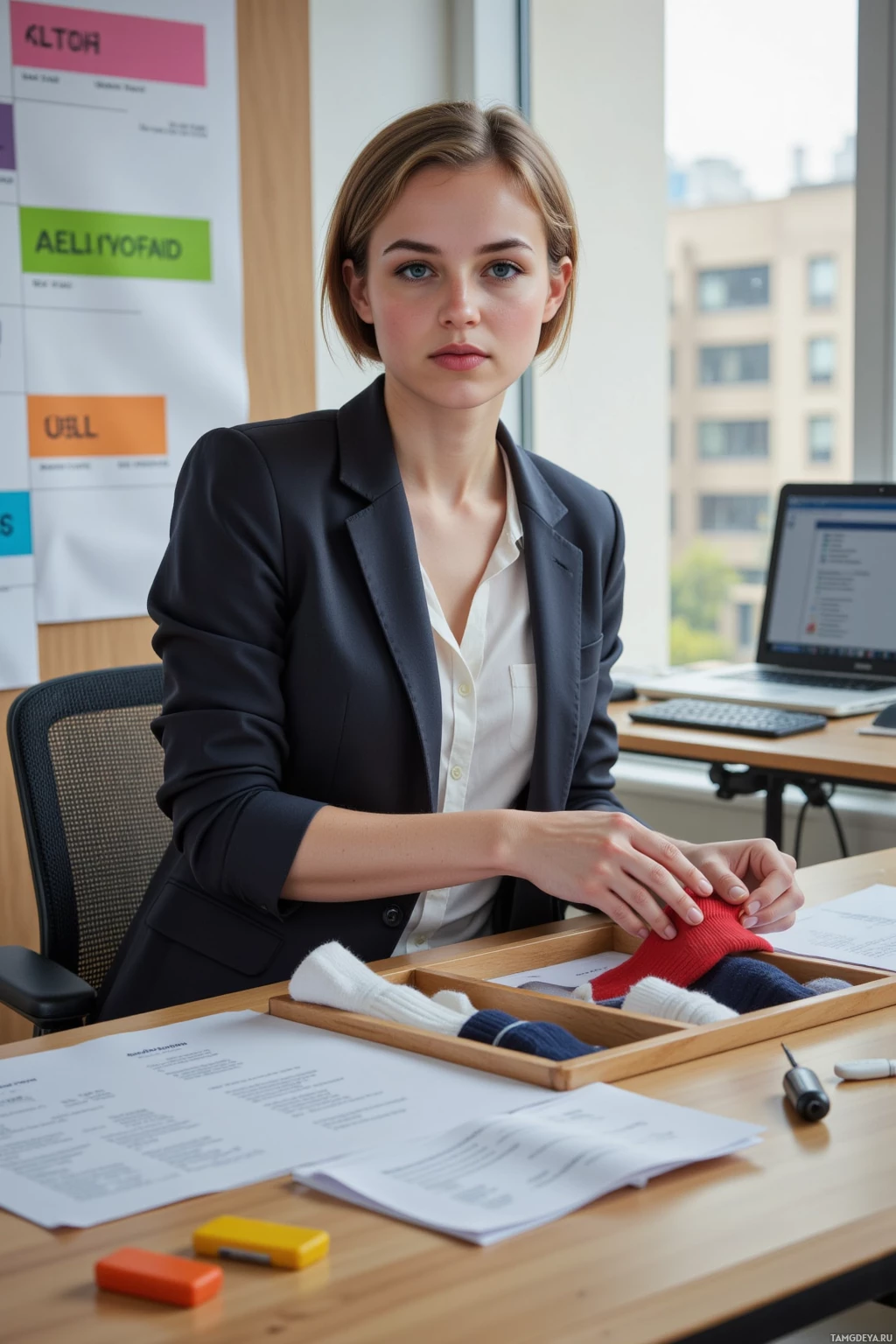 A woman in a professional setting, seated at a desk with documents and a laptop, appears to be in an office environment.