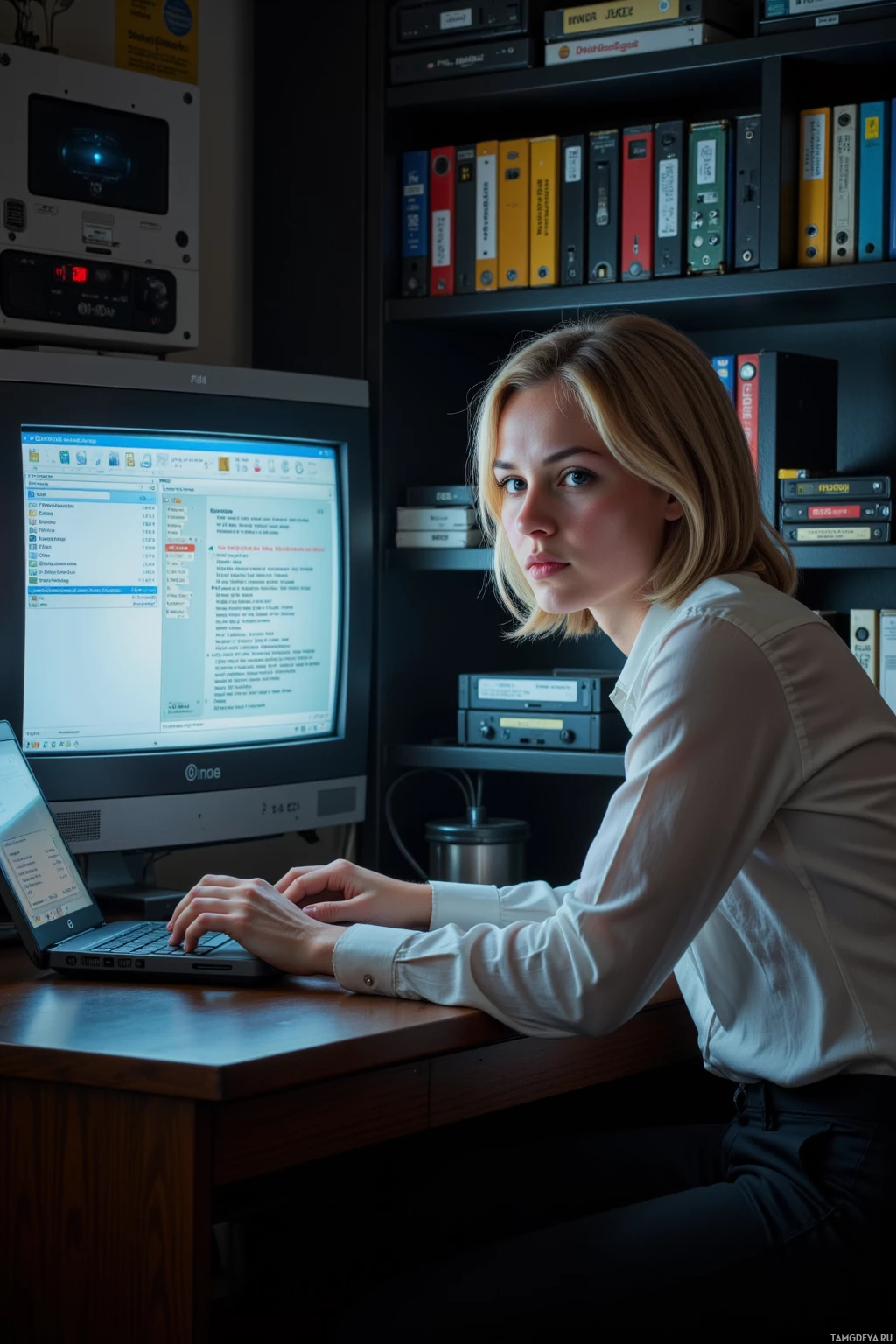 A woman is working at a desk with a computer and a laptop, surrounded by shelves of books and equipment.