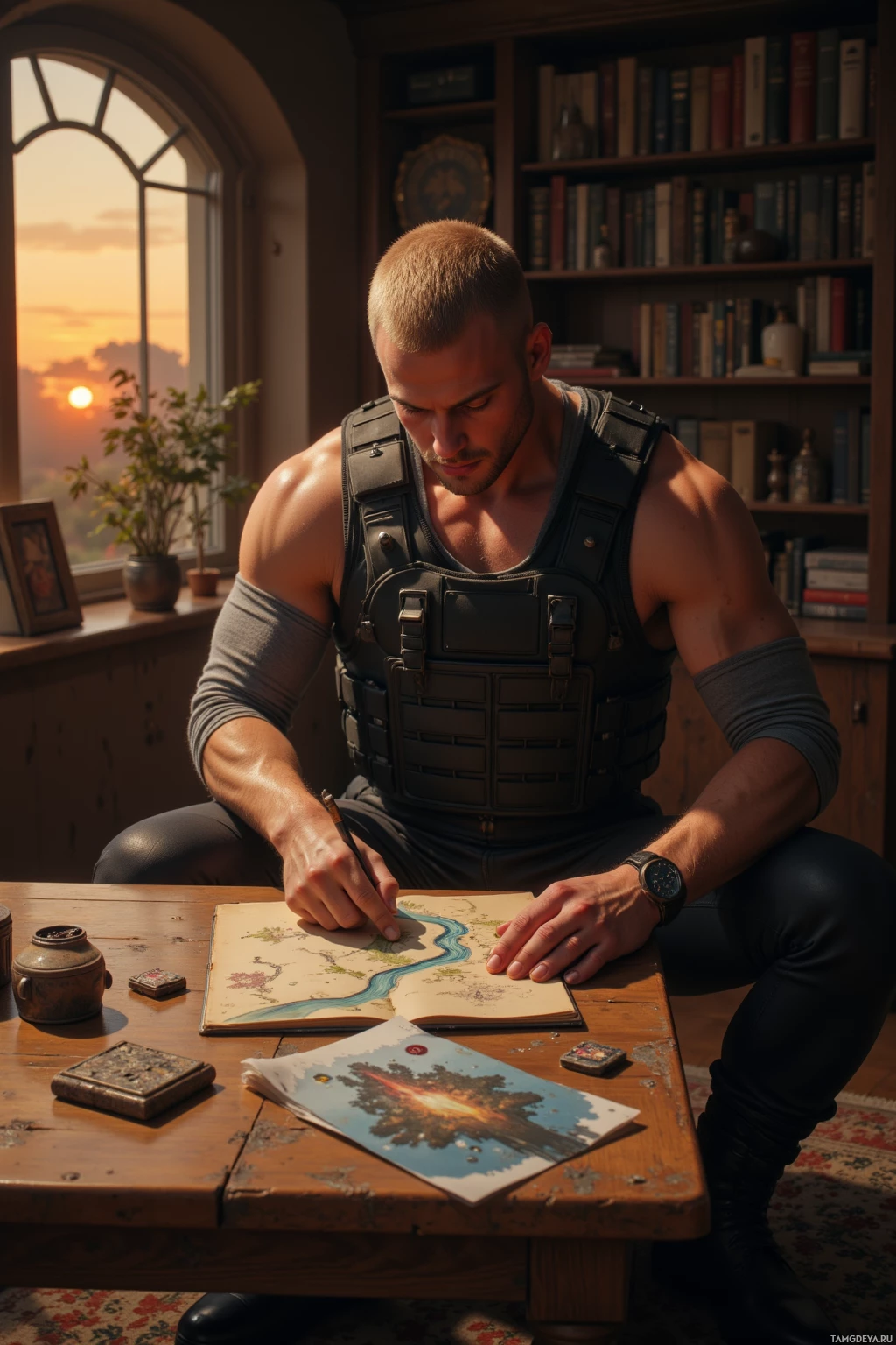 A muscular man in tactical gear is sketching a map at a wooden table.