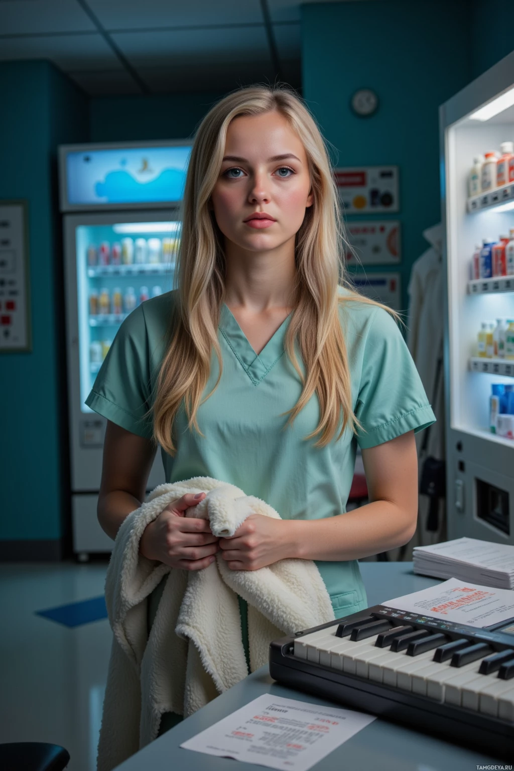 A person in teal scrubs holds a towel, standing in a medical setting with a counter and medical supplies in the background.