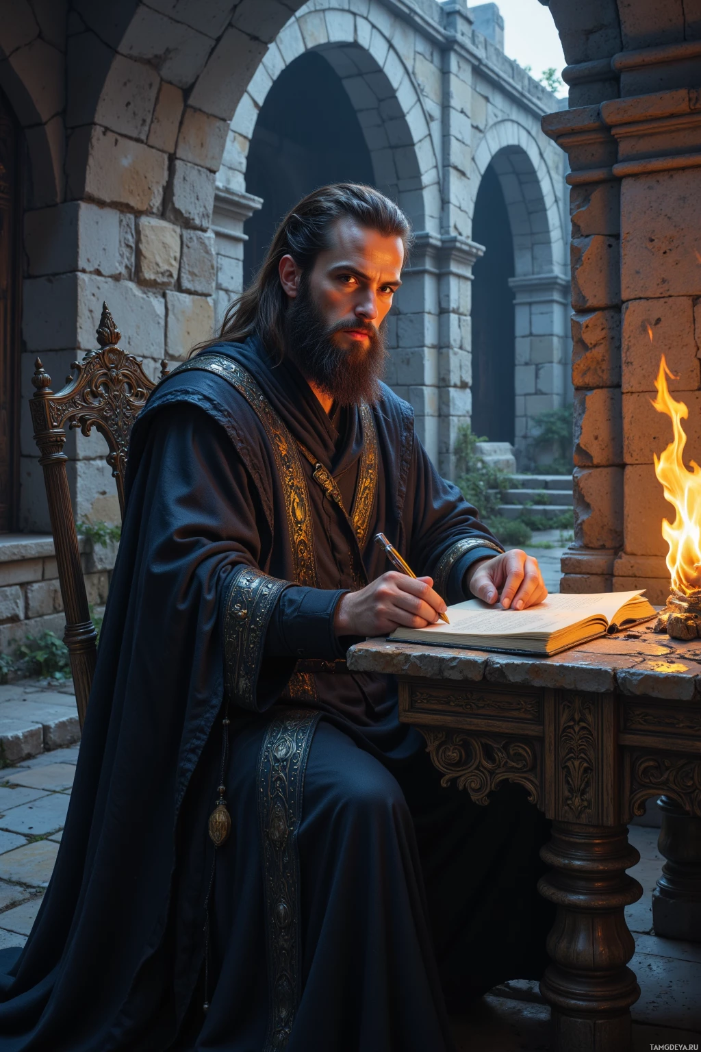 A man in a dark robe sits at a table, writing in a book by a fireplace.