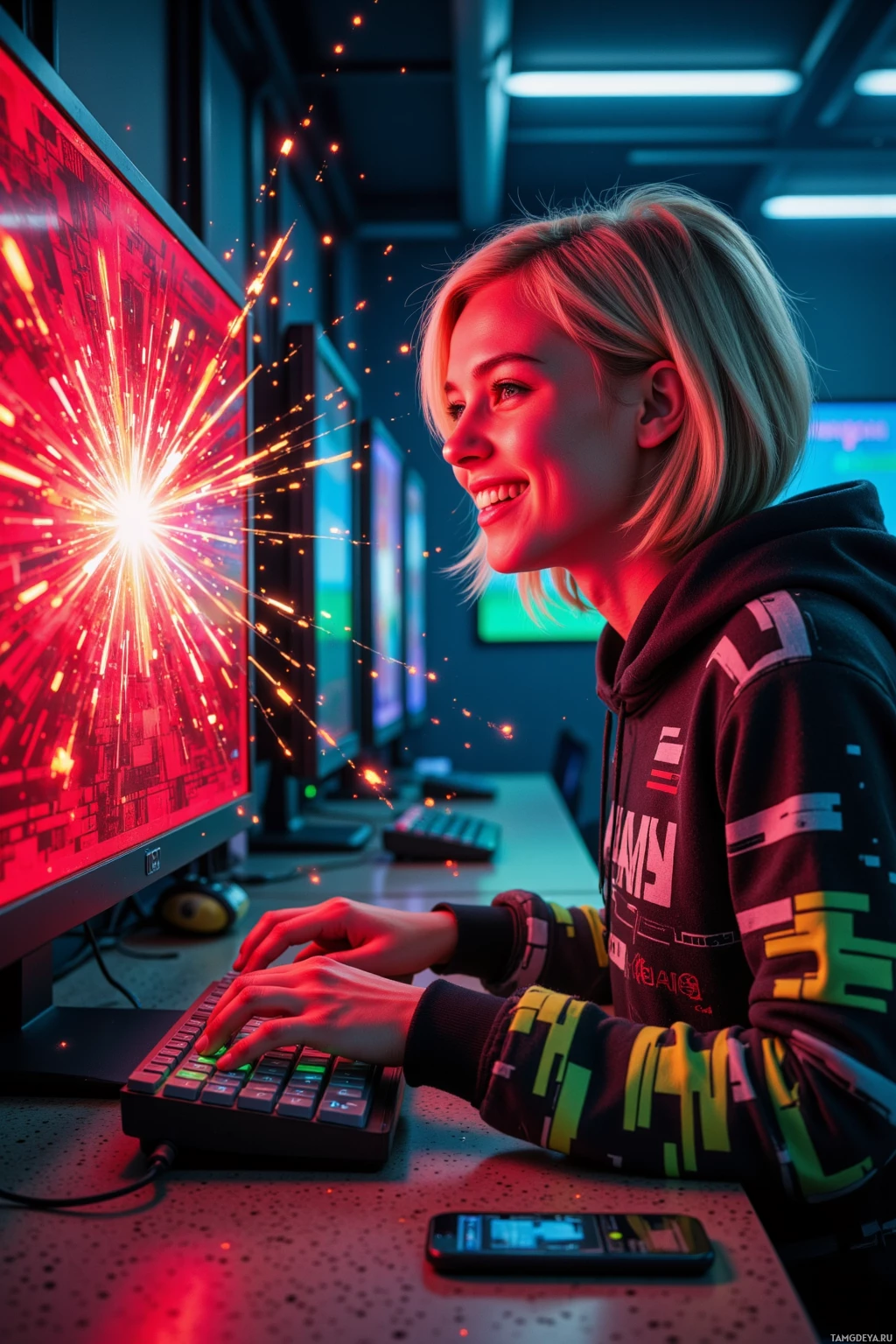 A person is smiling while working on a computer in a modern, neon-lit environment.
