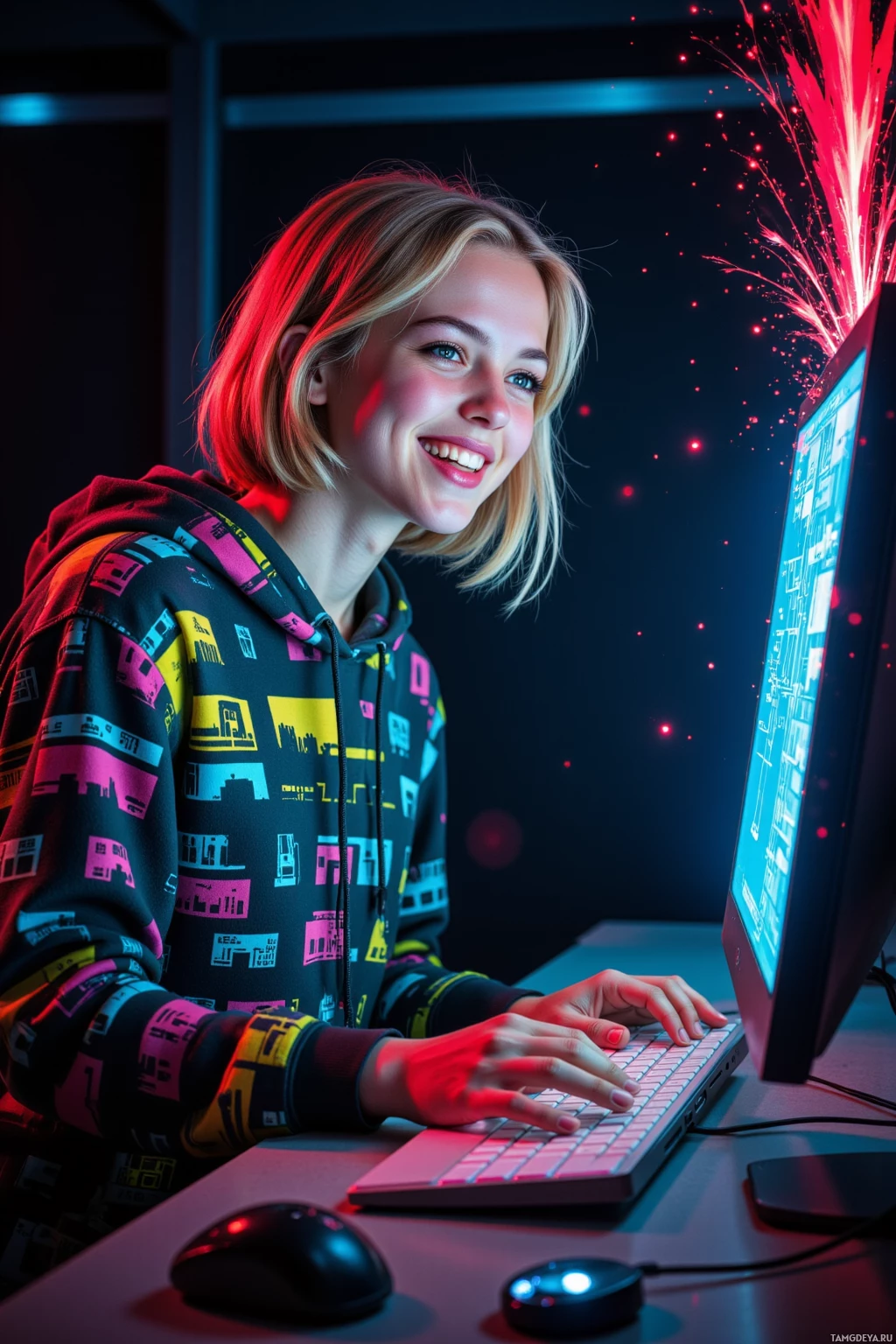 A person wearing a colorful hoodie is smiling while using a computer.