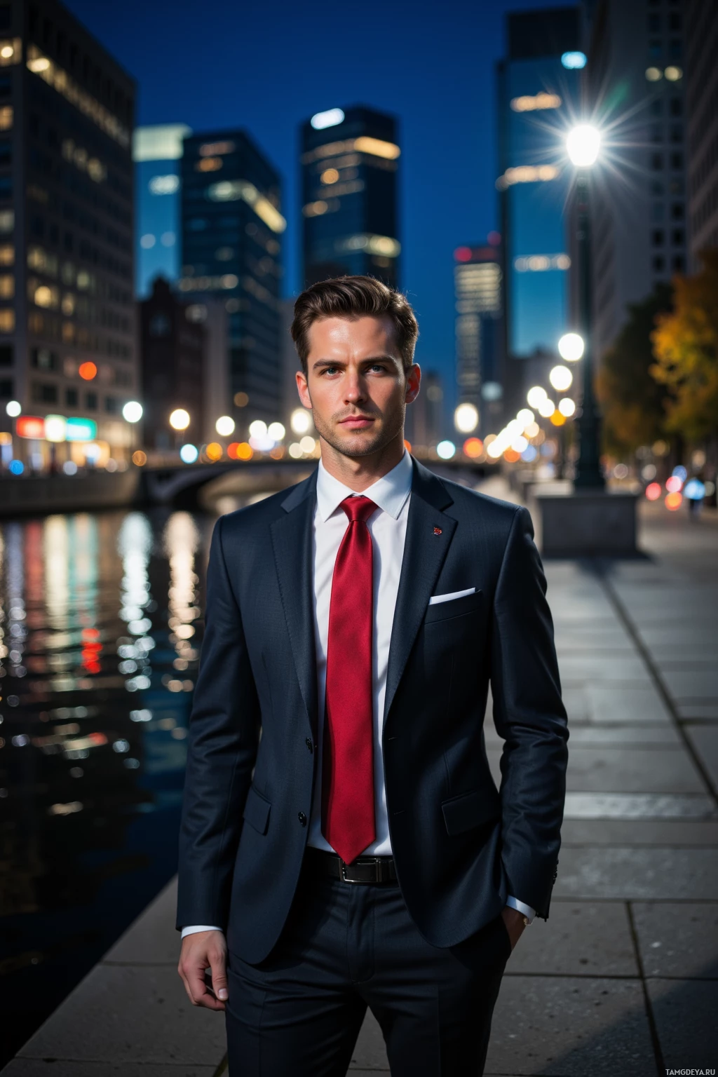 A man in a dark suit and red tie stands on a city street at night.