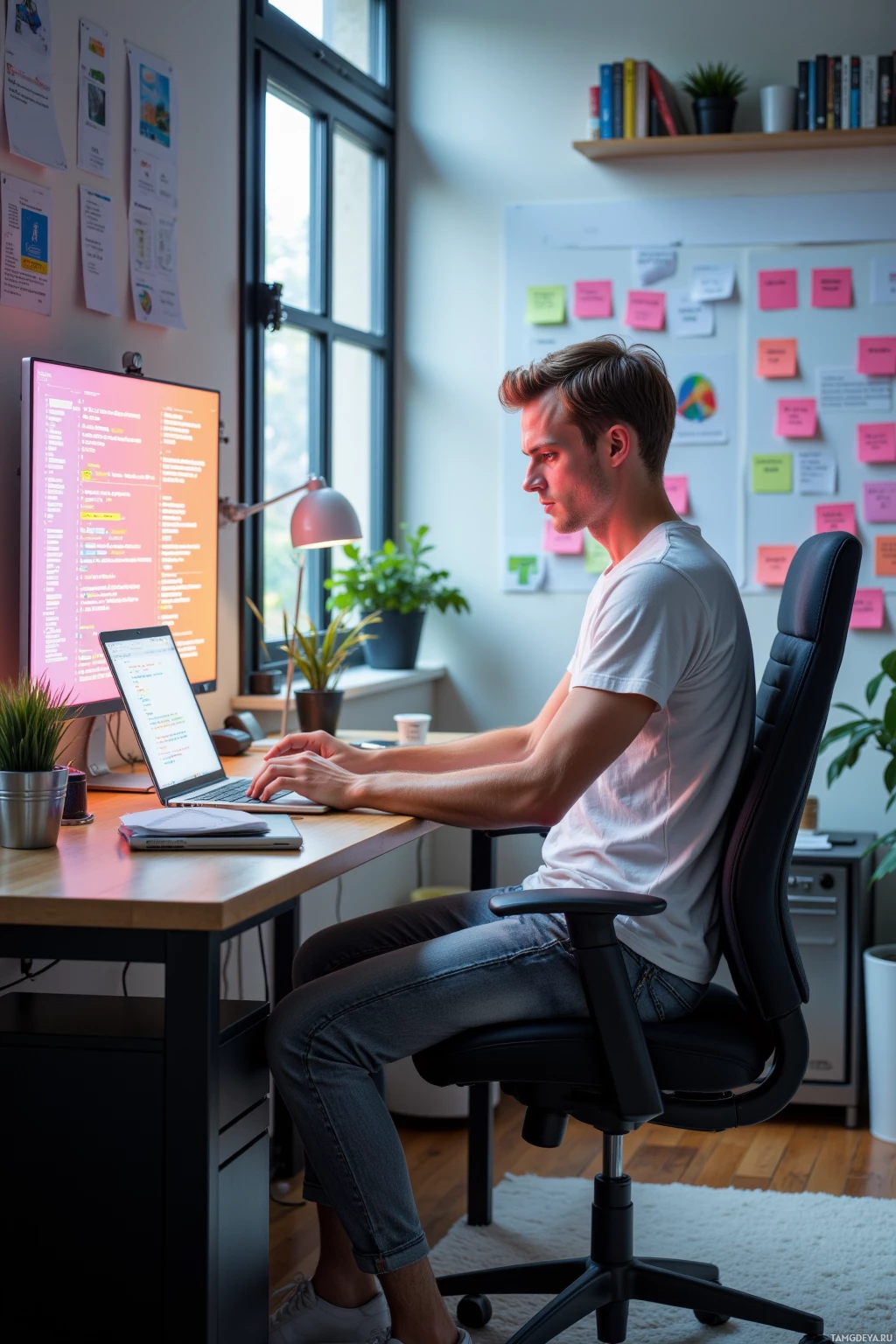 A person is working at a desk with a laptop and a monitor displaying code, surrounded by office supplies and plants.