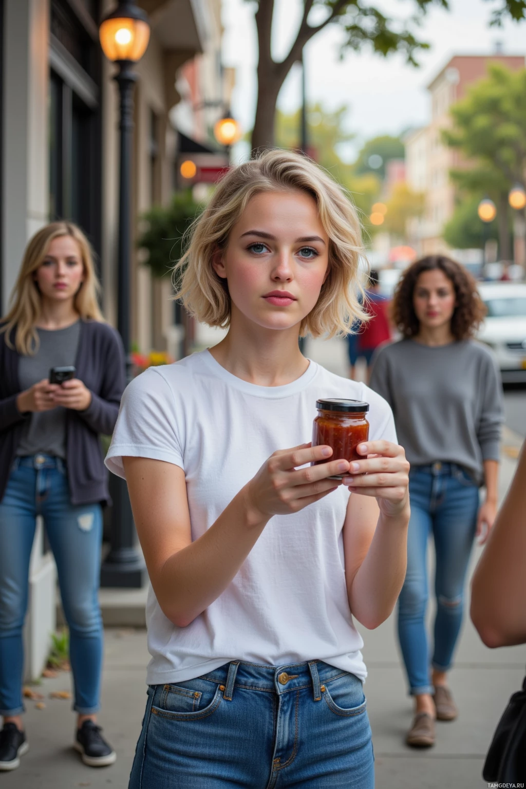 A young woman in a white t-shirt and jeans holds a jar of sauce while walking down a city street.