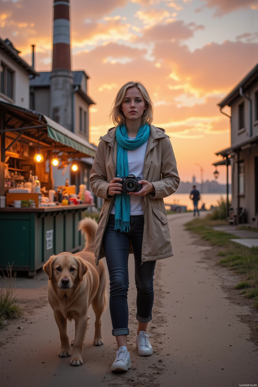 A woman walks with a dog on a street at sunset.