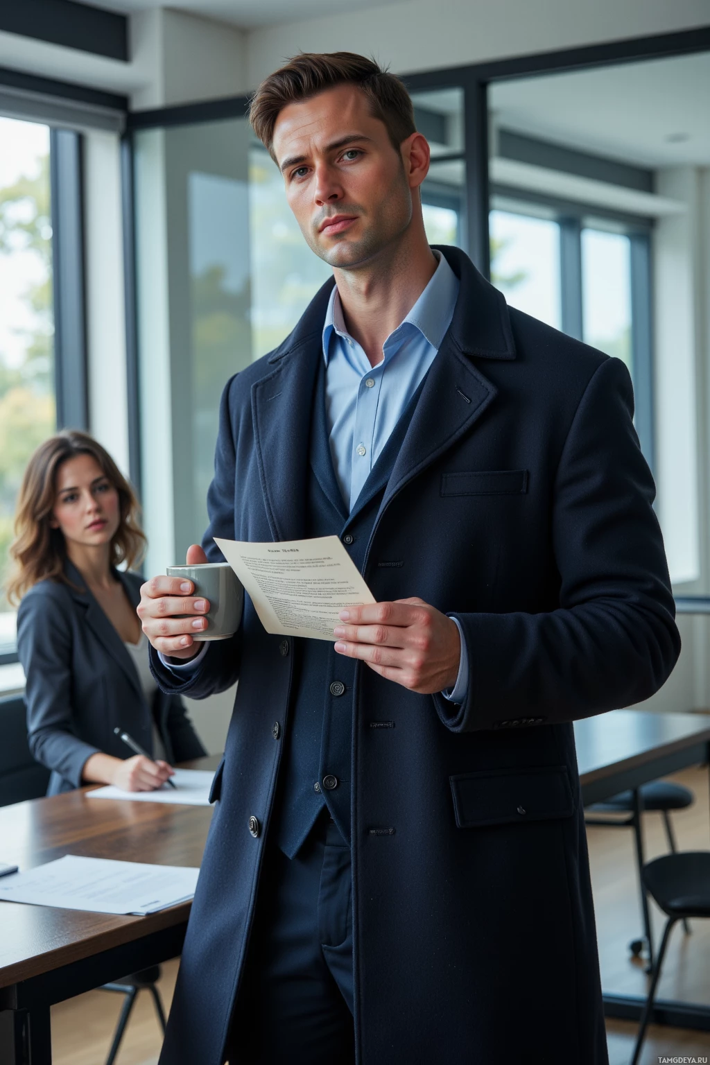 A man in a dark coat and light shirt holds a document and a mug, standing in a modern office setting with a woman in the background.