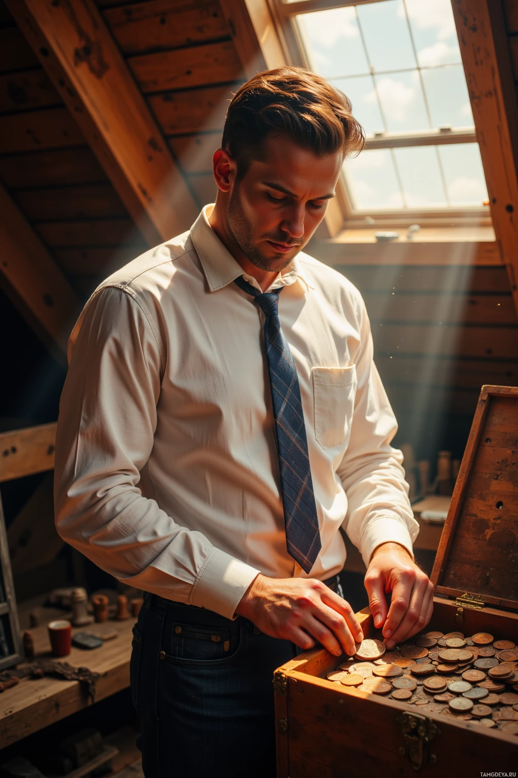 A man in a white shirt and tie stands by a wooden chest filled with coins, in a room with wooden beams and a skylight.