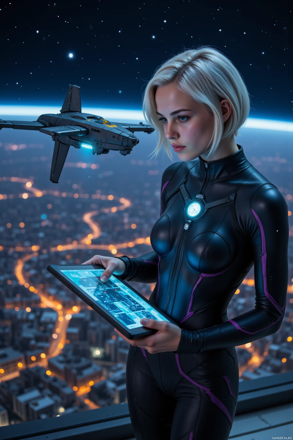 A woman in a futuristic outfit holds a tablet, with a cityscape and a flying vehicle in the background.