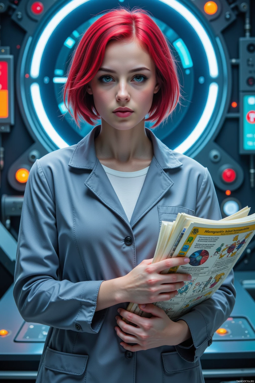A person with red hair in a lab coat holds a book in a futuristic setting.