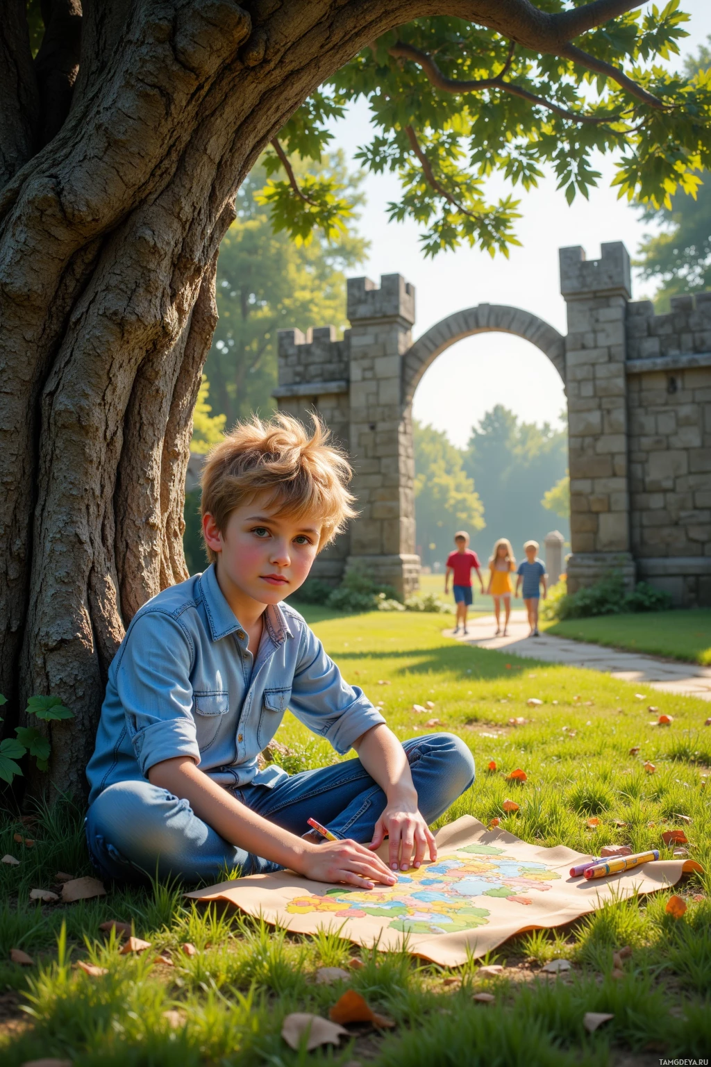 A young boy sits on the grass, drawing on a map with crayons, while other children walk in the background near a stone archway.