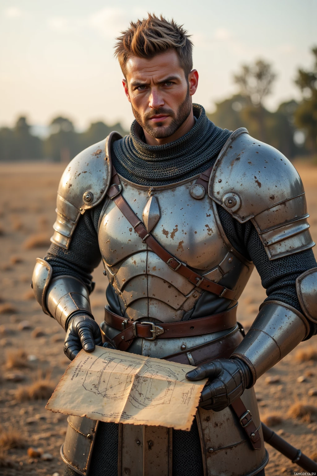 A knight in armor holds a parchment in a desert landscape.
