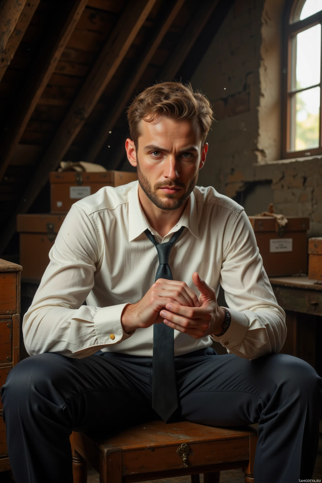 A man in a white shirt and tie sits on a wooden stool in a rustic room.