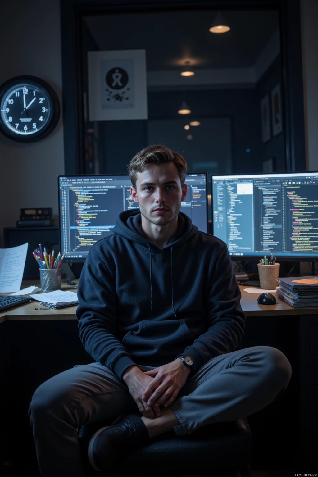 A person sits in a dimly lit office, surrounded by multiple computer monitors displaying code.