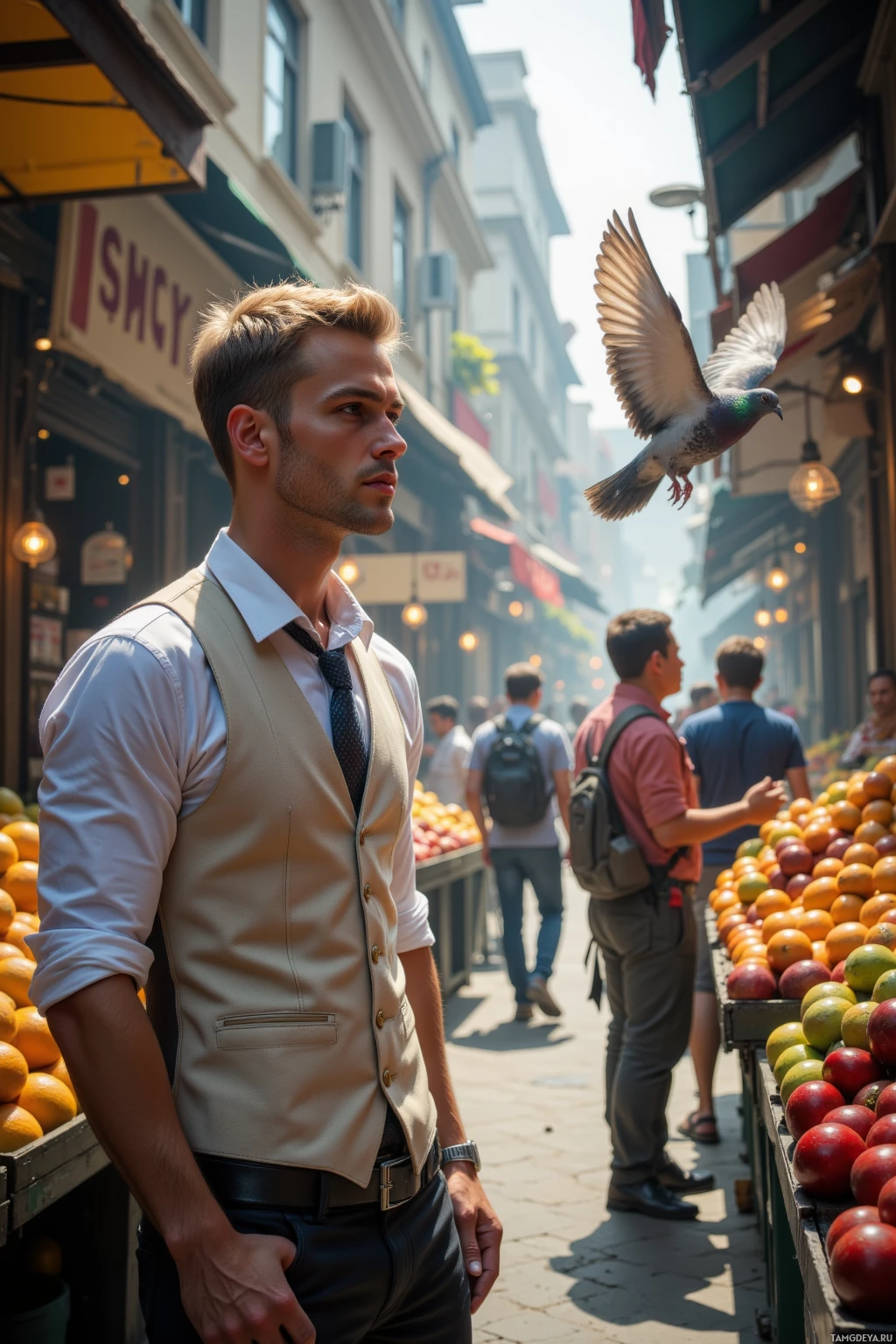 A man in a vest and tie stands on a bustling street market, with a pigeon flying nearby and people shopping in the background.