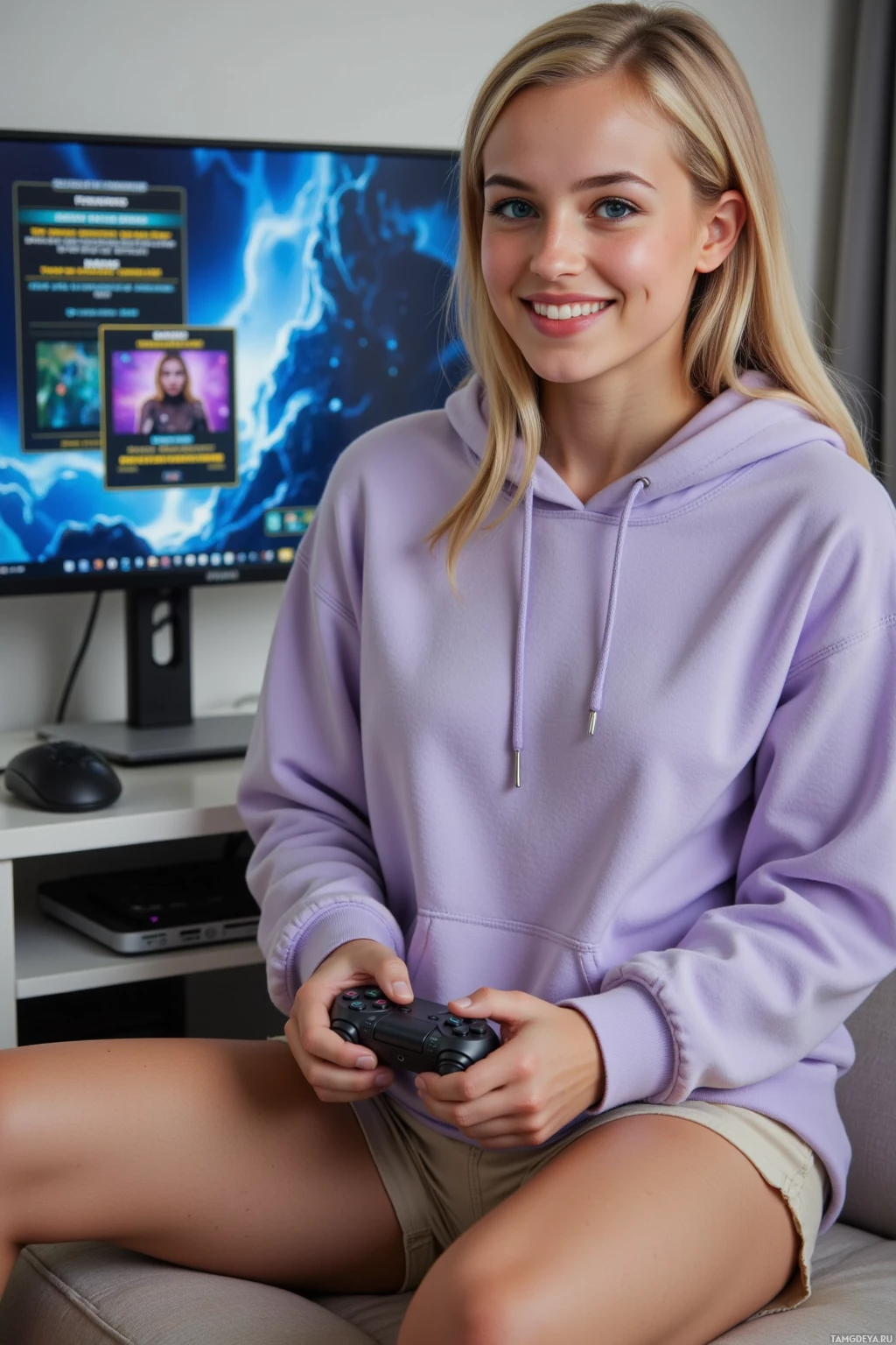 A person in a purple hoodie holds a gaming controller in front of a computer monitor.