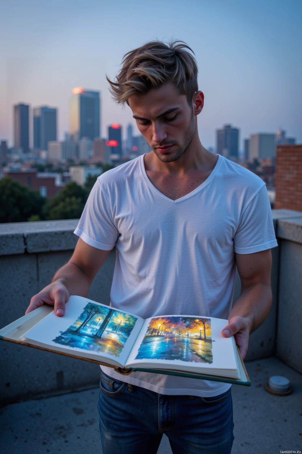A person stands on a rooftop, holding an open book with colorful illustrations.