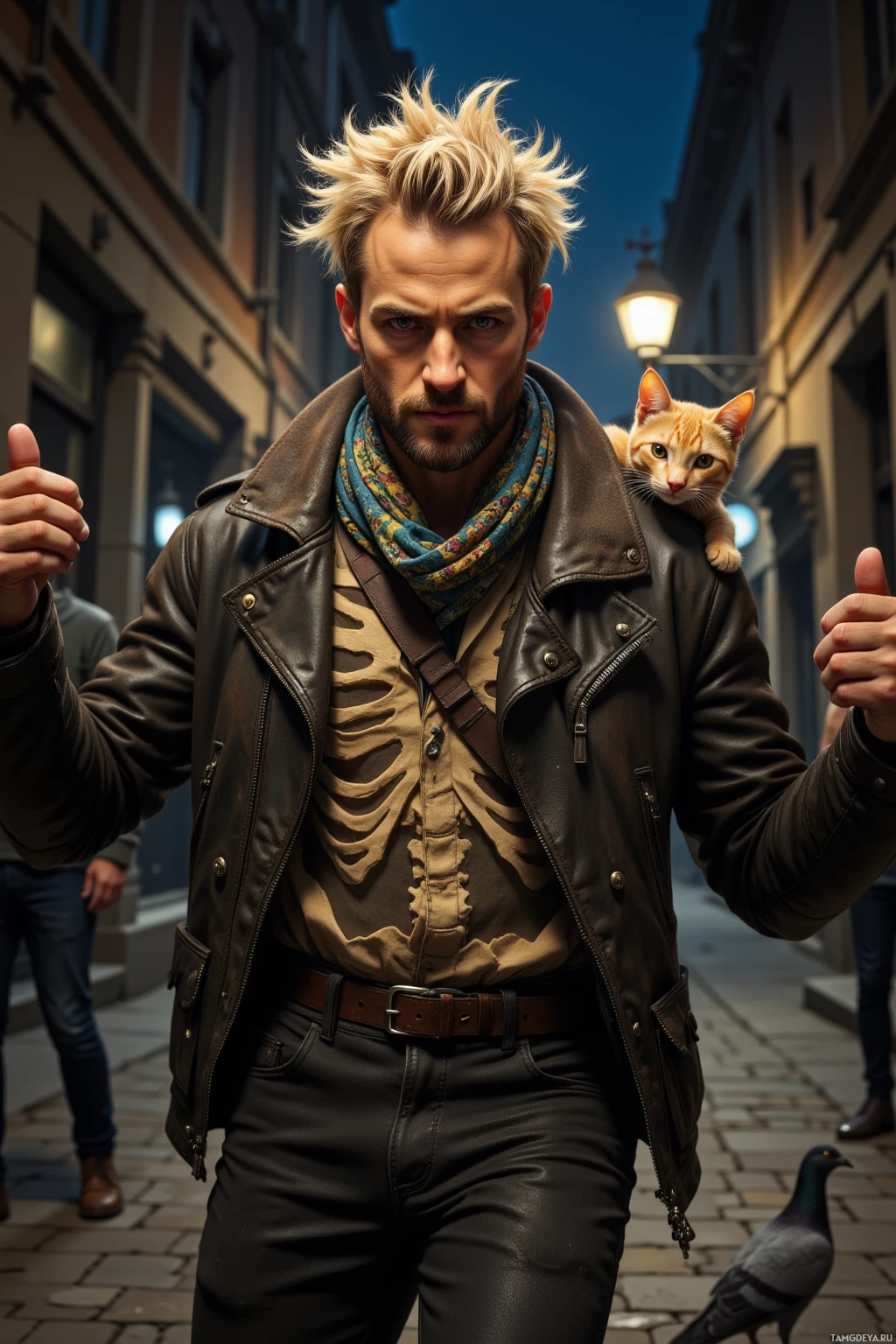 A man in a leather jacket and scarf stands on a cobblestone street at dusk, with a cat perched on his shoulder.