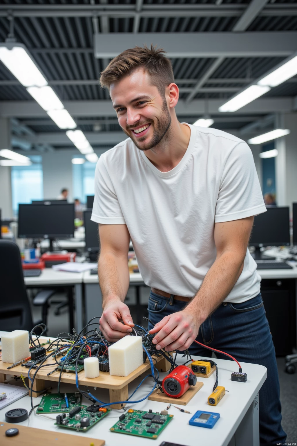 A man smiles while working on electronic components in an office setting.