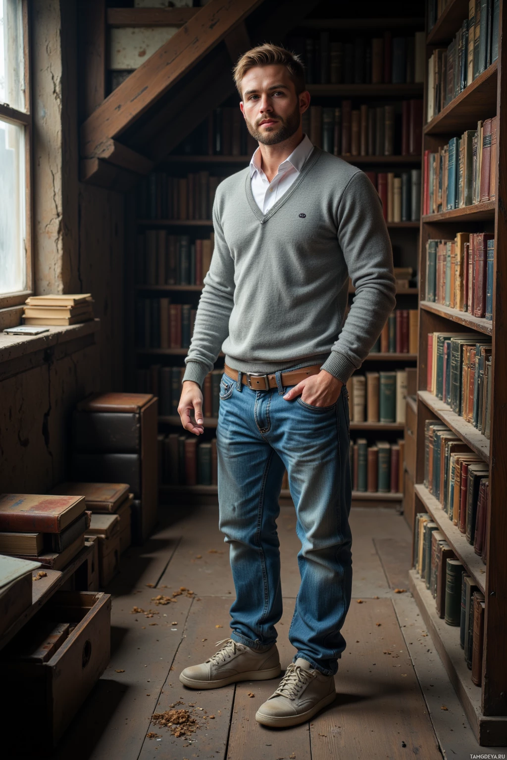 A man stands in a library with bookshelves, wearing a sweater, jeans, and sneakers.
